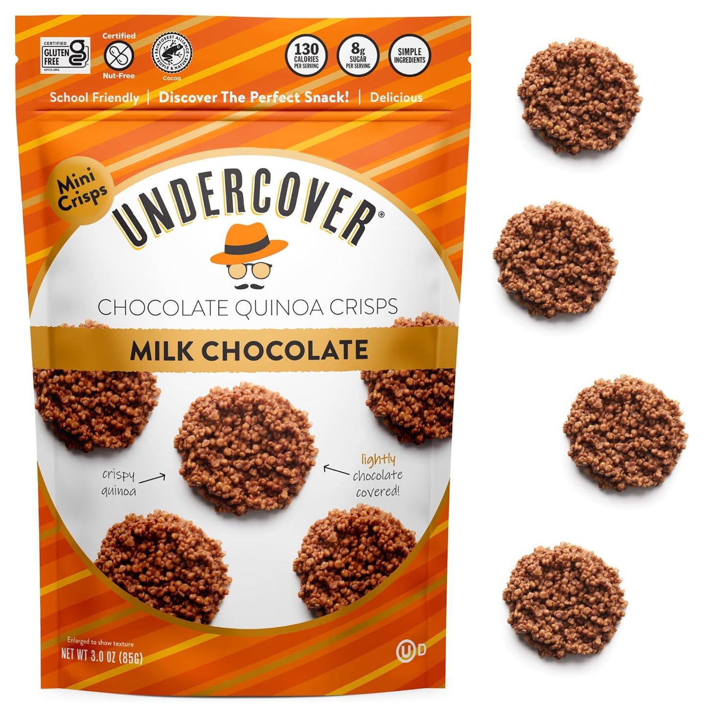 Undercover Snacks Chocolate Quinoa Crisps - Dark Chocolate + Sea Salt Quinoa Crisps | 7-Pack, 3oz Bags of Mini Crisps | Gluten Free, Nut-Free, Allergen Friendly, Kosher, Plant-Based