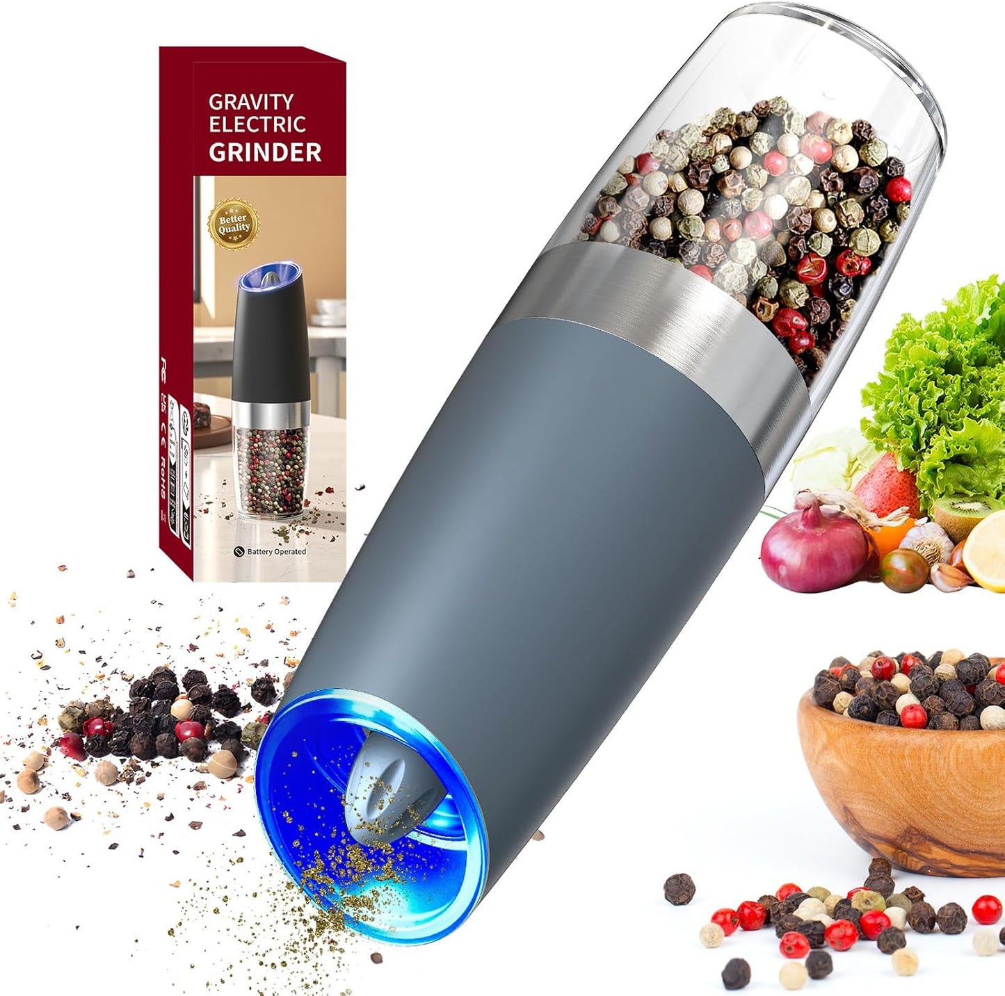 CIRCLE JOY Gravity Electric Salt and Pepper Grinder Set Automatic Salt and Pepper Grinder Set with LED Light, Battery Operated, Adjustable Coarseness, Large Capacity, for Home Kitchen BBQ