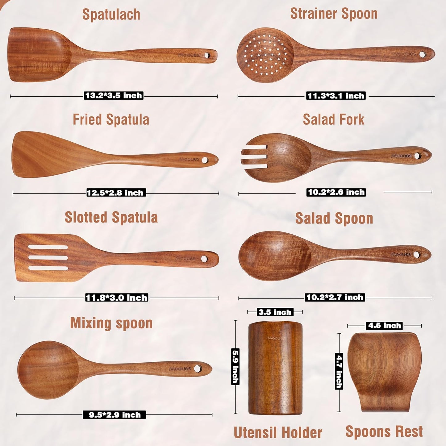 9‑Piece Natural Teak Wooden Kitchen Utensil Set with Spoon Rest and Holder