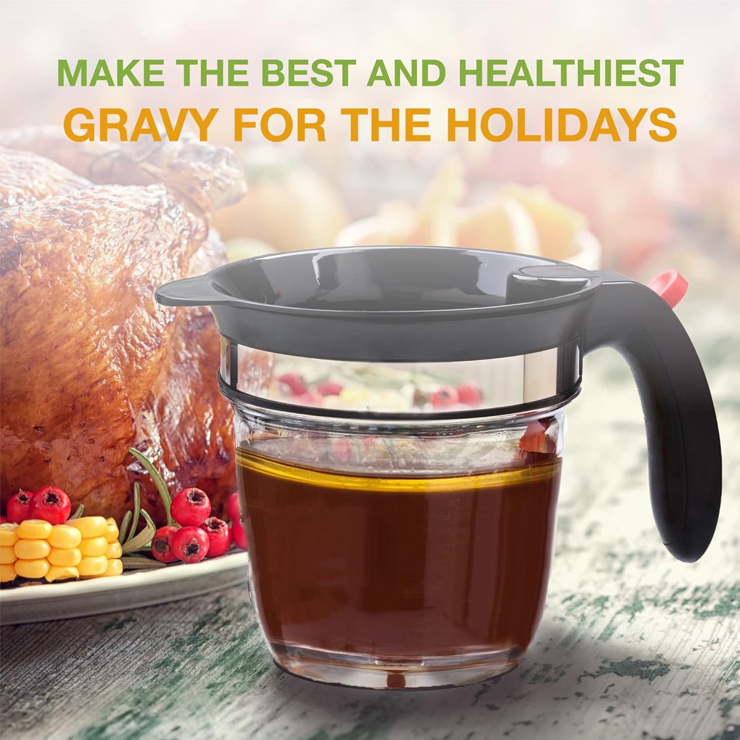 Fat Separator With Bottom Release, 4 Cup Gravy Separator for Cooking with Oil Strainer, Kitchen Gadgets Grease Separator Packaged with a 3-in-1 Multifunctional Peeler (Red)