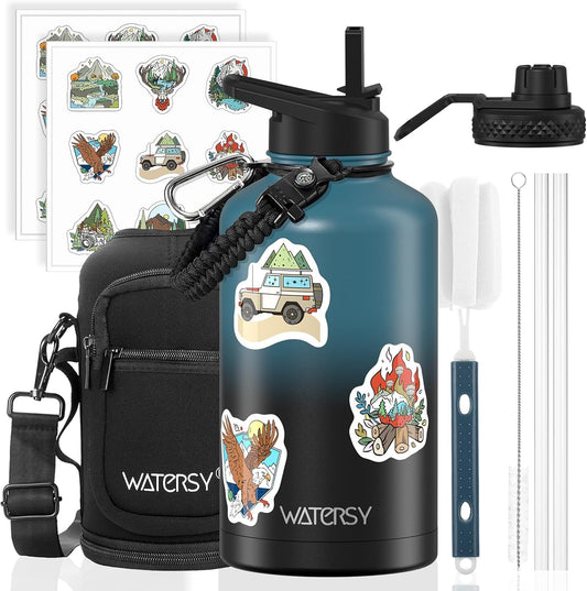 64oz Insulated Water Bottle (Cold for 48 Hrs),BPA Free&Leak Proof,Half Gallon Stainless Steel Water Flask,Water Jug with Straw Spout Lids for Gym,Hiking,Camping,Black Blue