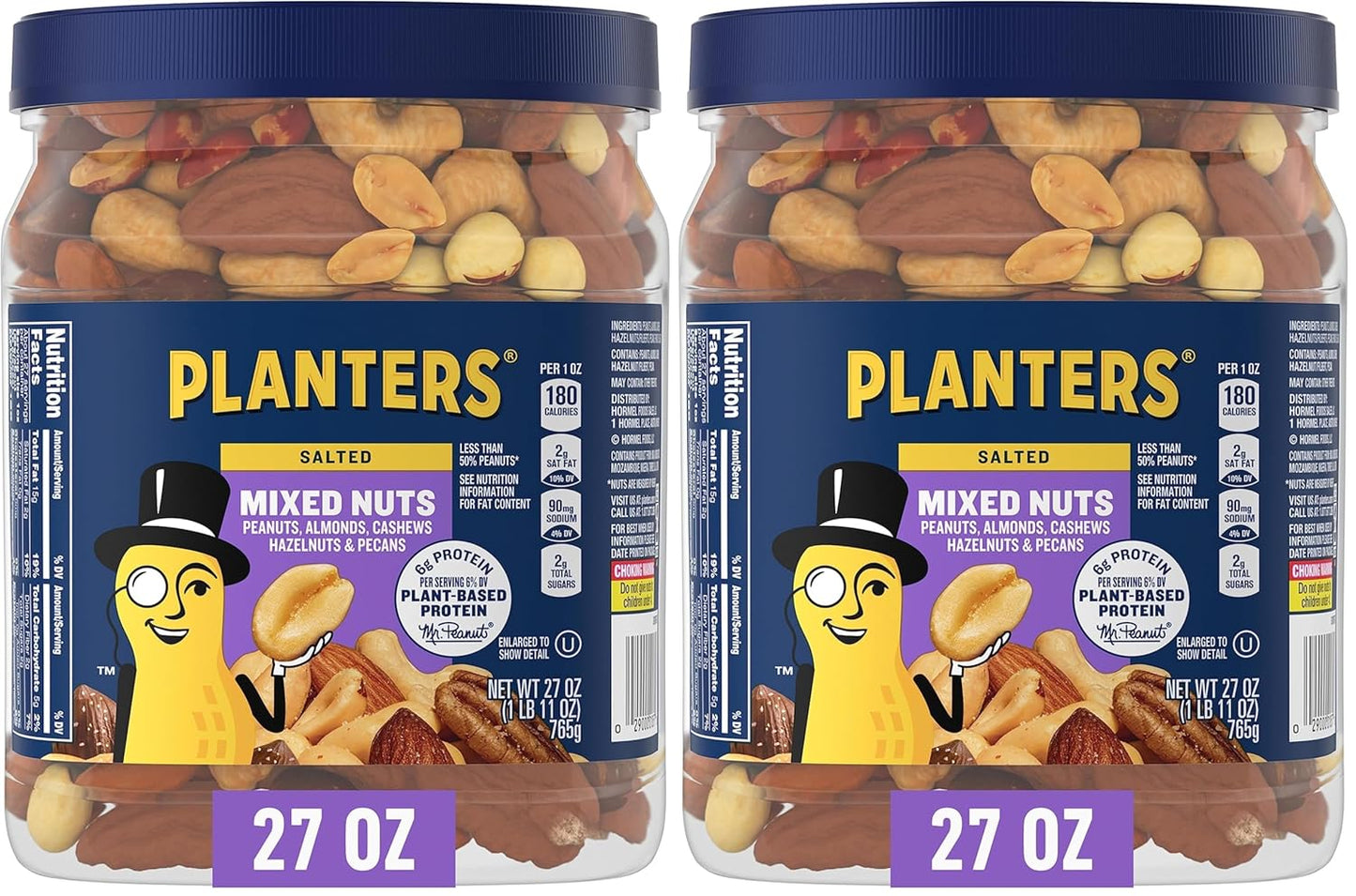 PLANTERS Deluxe Salted Mixed Nuts, Roasted Cashews, Almonds, Pecans, Pistachios, and Hazelnuts, Party Snacks, Plant-Based Protein, Quick Snack for Adults, After School Snack, 34oz Container