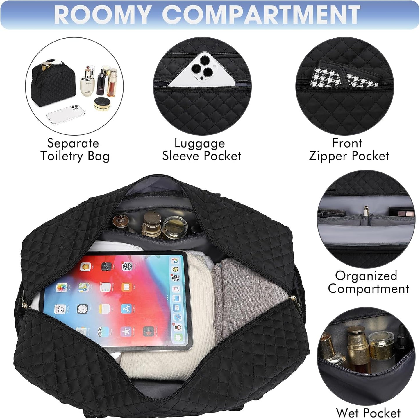 LUOCIP Large Women Travel Duffle Bag, Carry on Bag with Wet Toiletry Pocket for Overnight, Weekend, Yoga, Gym, Business Trips, Sport and Hospital, Black