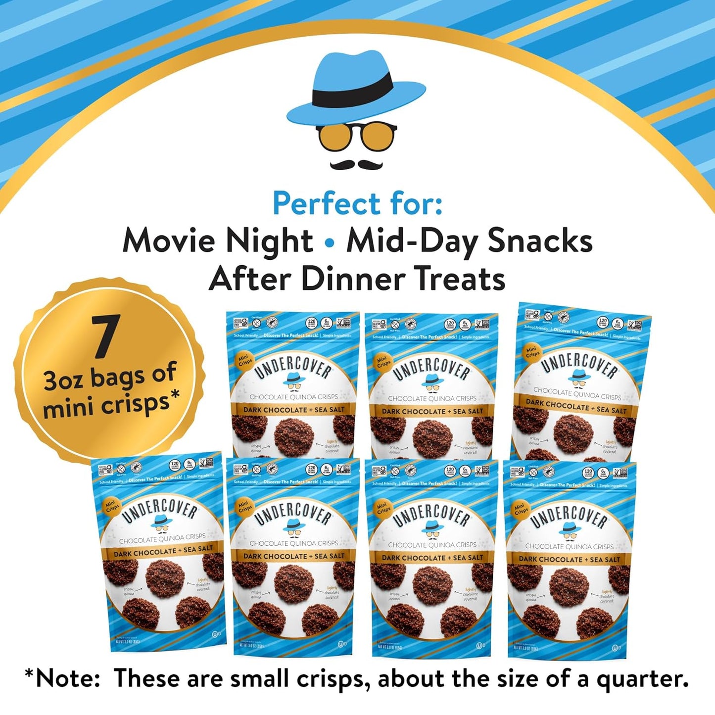 Undercover Snacks Chocolate Quinoa Crisps - Dark Chocolate + Sea Salt Quinoa Crisps | 7-Pack, 3oz Bags of Mini Crisps | Gluten Free, Nut-Free, Allergen Friendly, Kosher, Plant-Based