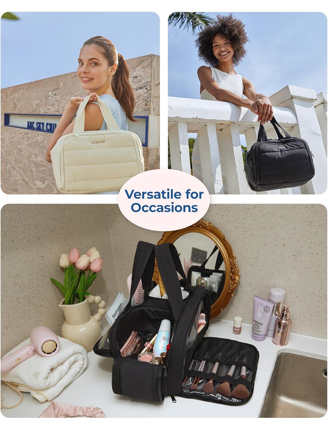 BAGSMART Travel Toiletry Bag, Lightweight Large Wide-open Travel Bag for Women, Puffy Cosmetic Makeup Bag Organizer with Handle for Accessories,Essentials, Toiletries, Black