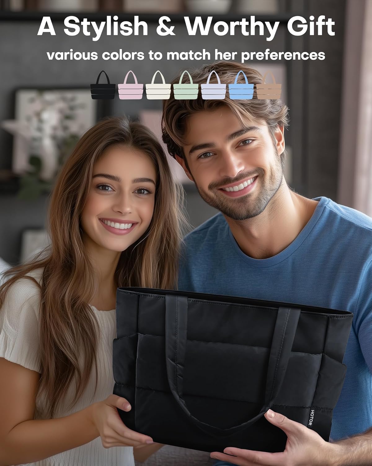 HOTOR Puffer Tote Bag for Women, Nurses - Multi-Pocket Lightweight Bag for Work - Quilted Handbag for Travel and Gym