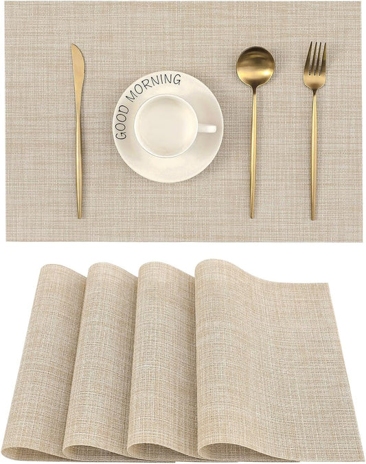 Leetaltree Beige Placemats Set of 4 - Heat Resistant Non-Slip Place mats for Dining Table, Washable Durable PVC Vinyl Woven Table Mats（Beige, 4）