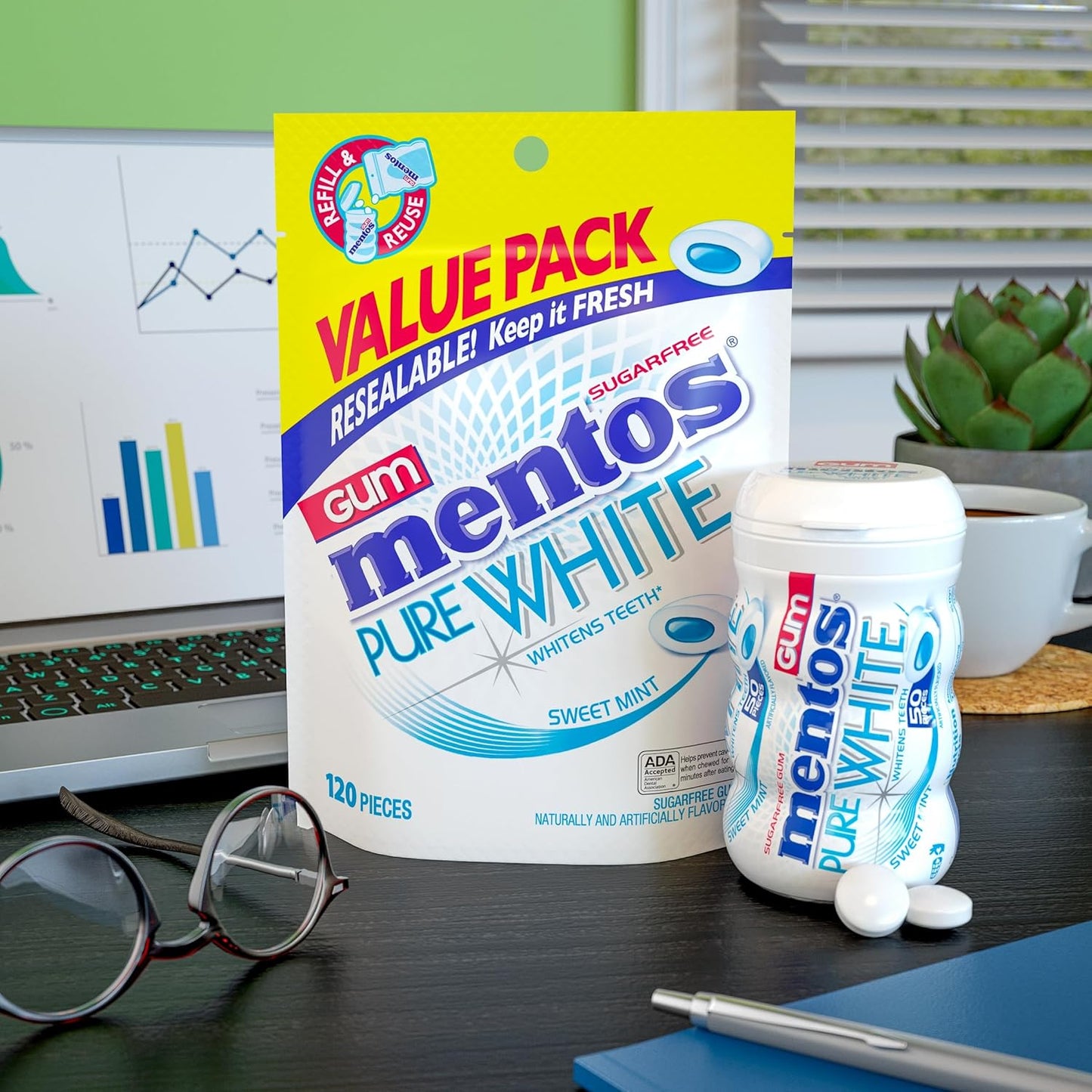 Mentos Pure White Sugar-Free Chewing Gum With Xylitol, Sweet Mint, 120 Piece Bulk Resealable Bag (Pack of 1)