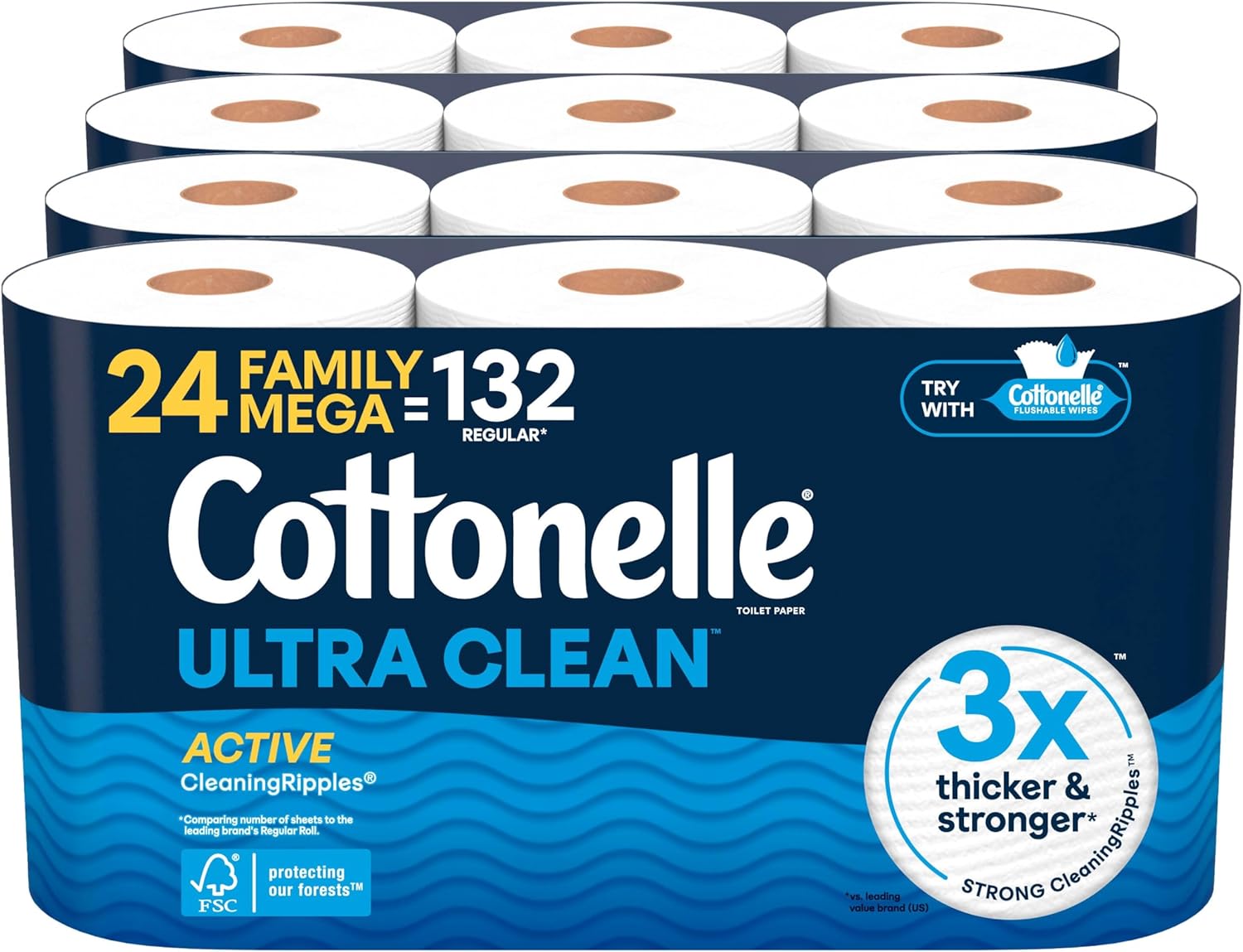 Cottonelle Ultra Comfort Toilet Paper with Cushiony CleaningRipples Texture, Strong Bath Tissue, 24 Family Mega Rolls = 108 Regular Rolls (4 Packs of 6)