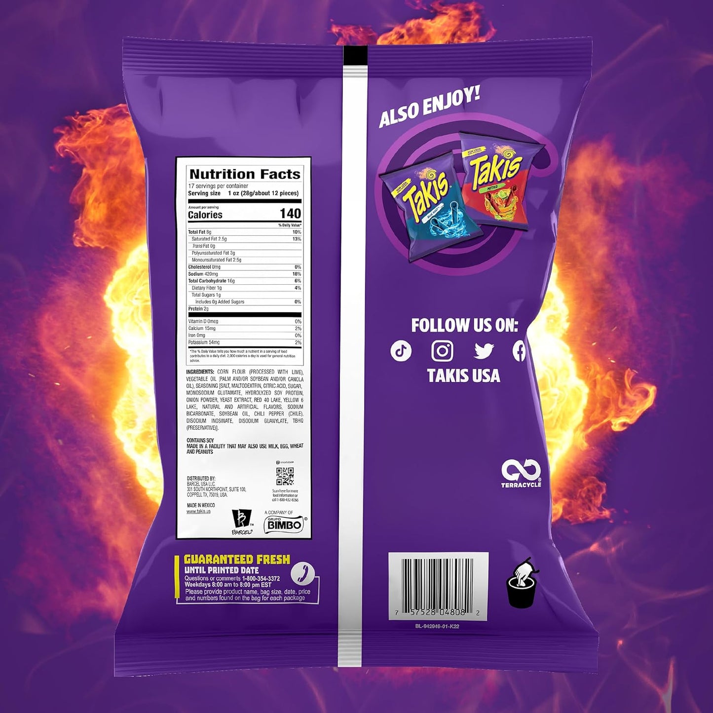 Takis Fuego 17 oz Fiesta Size Hot Chili Pepper & Lime Flavored Extreme Spicy Rolled Corn Tortilla Chips
