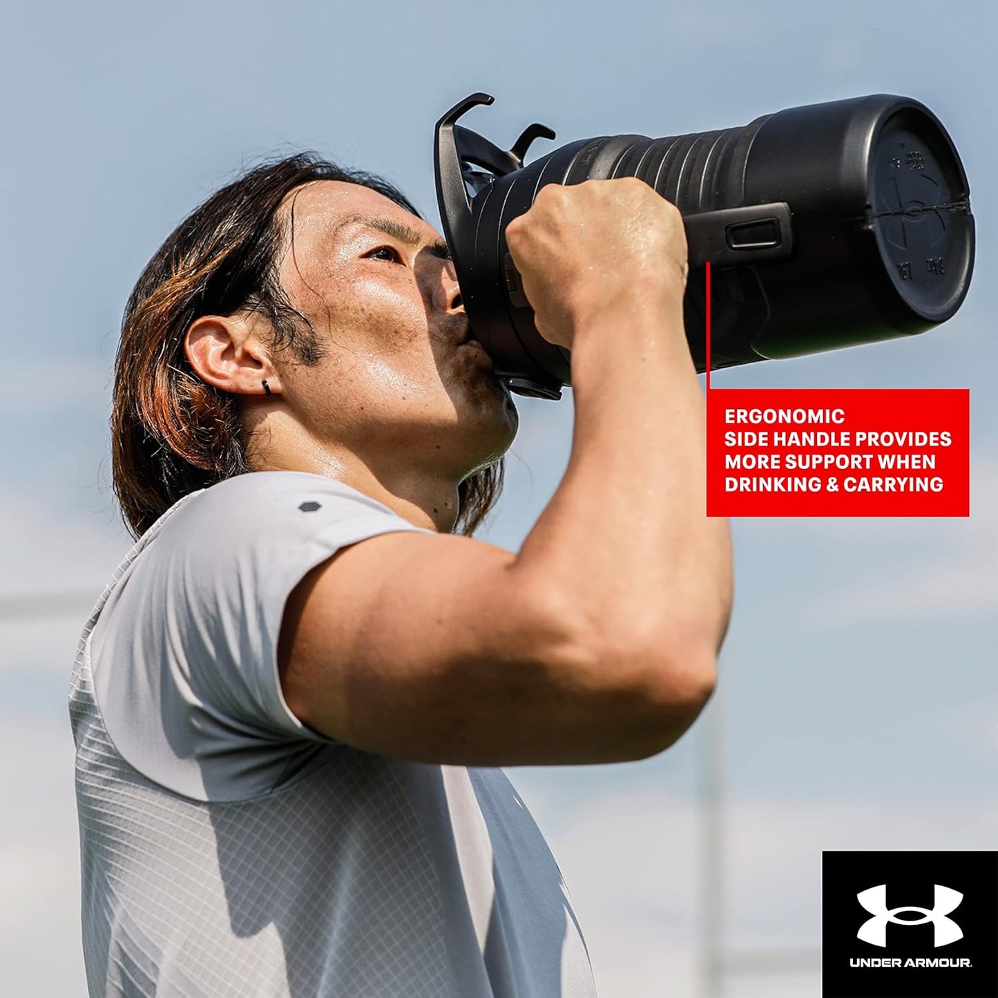 Under Armour Half Gallon Water Bottle Insulated, 64oz Insulated Water Bottle with Handle, Fence Hook, Leak Resistant, for Baseball, Football & More, Black/Black