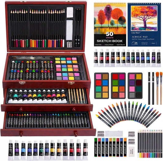 Color More 175 Piece Deluxe Art Set with 2 Drawing Pads, Acrylic Paints, Crayons, Colored Pencils, Paint Set in Wooden Case, Professional Art Kit, Art Supplies for Adults, Teens and Artist, WoodMuse Plus