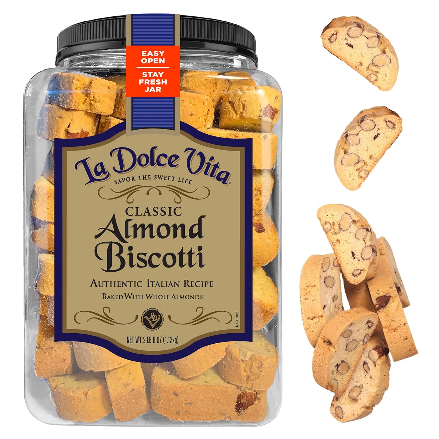 La Dolce Vita Classic Almond Italian Biscotti Cookies, 40 oz jar, gourmet coffee and tea dipping snack