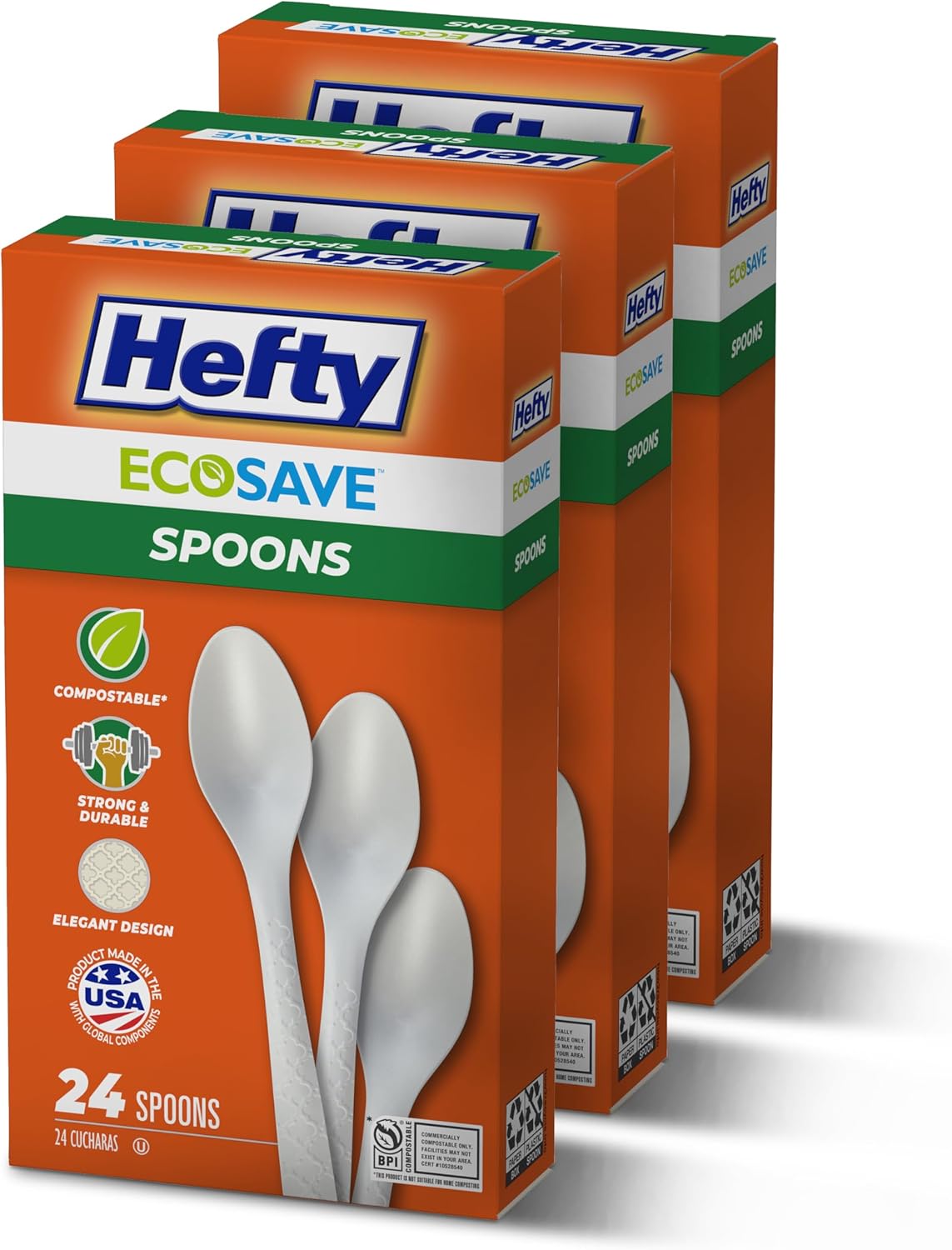 Hefty ECOSAVE Compostable Assorted Cutlery Set, Utensils for BBQs, Tailgates, Camping, Parties, and More, Includes 8 Forks, 8 Spoons, and 8 Knives, Compostable, Sustainable Design, 24 Count
