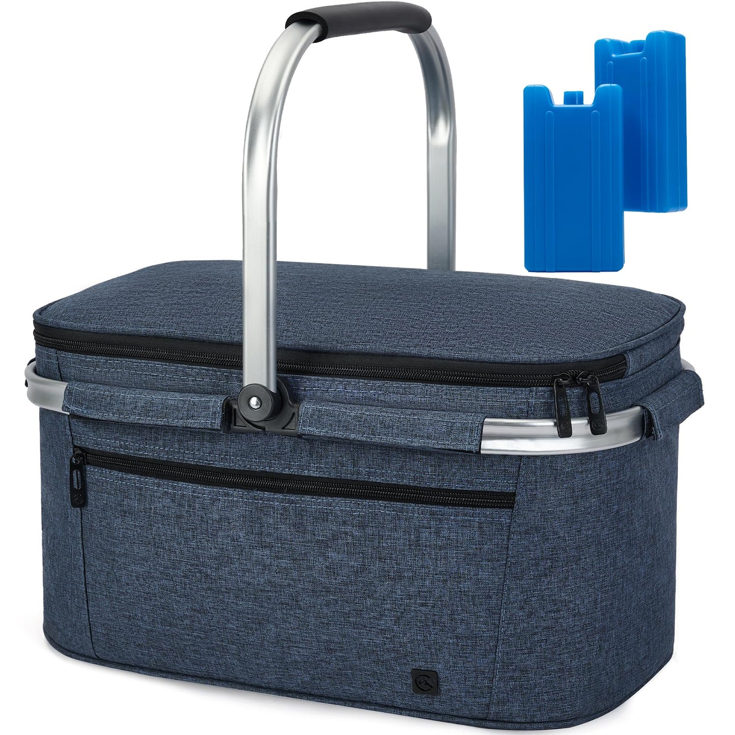 ALLCAMP Picnic Basket - 2 Ice Box Included 32L Insulated Cooler, Thickening Foldable Picnic Basket with Removable Baskets & Sewn-in Frame, Basket for House Warming Gifts New Home(Blue)