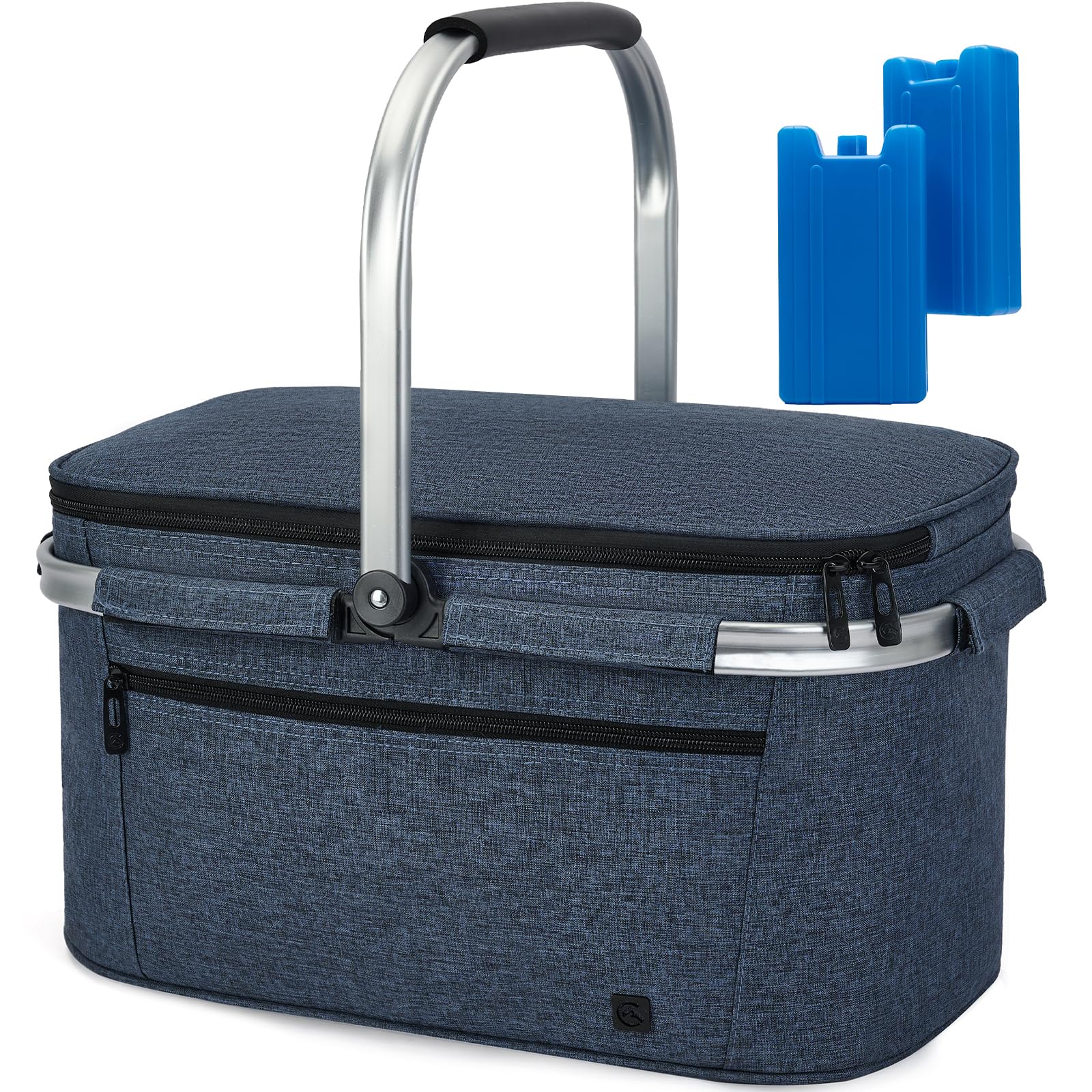 ALLCAMP Picnic Basket - 2 Ice Box Included 32L Insulated Cooler, Thickening Foldable Picnic Basket with Removable Baskets & Sewn-in Frame, Basket for House Warming Gifts New Home(Blue)