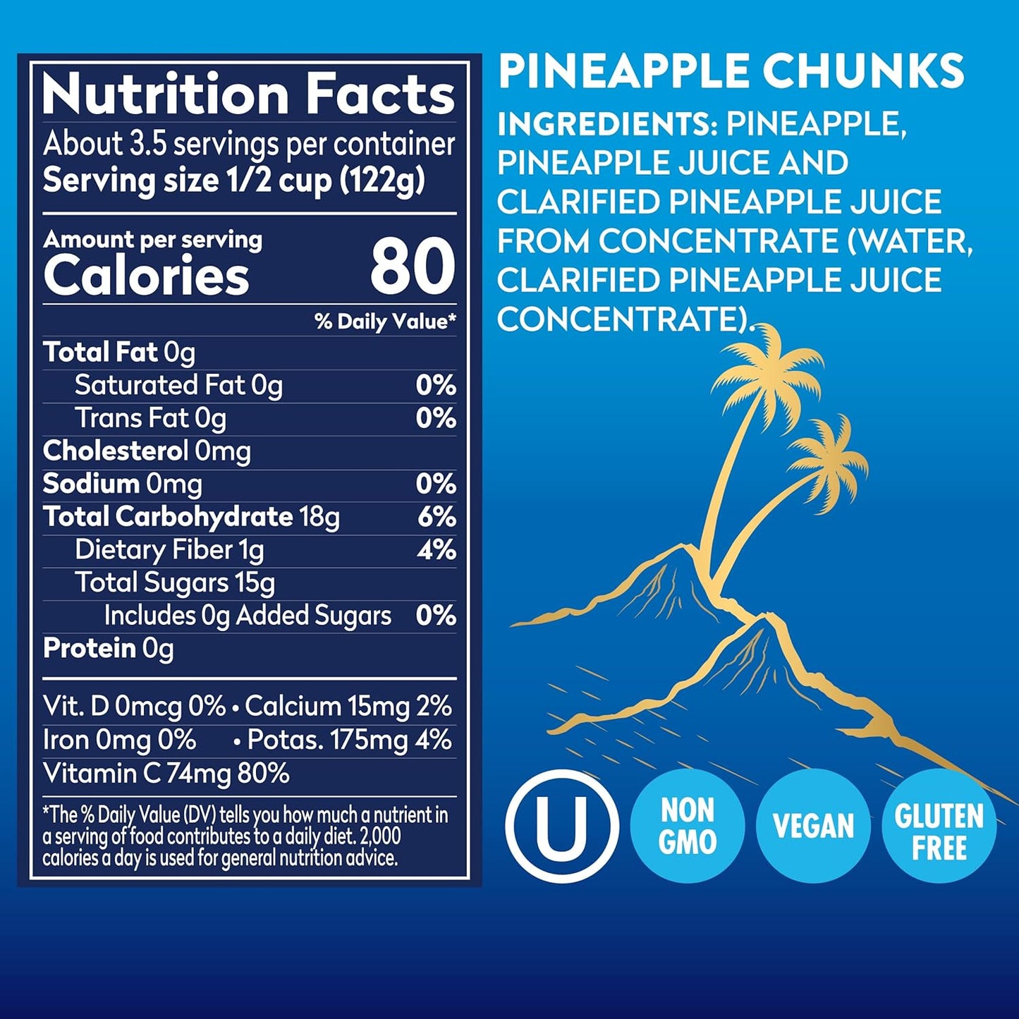 Dole Canned Fruit, Tropical Gold Pineapple Chunks in 100% Pineapple Juice, Gluten Free, Pantry Staples, No Sugar Added, 15.25 Oz, 12 Count