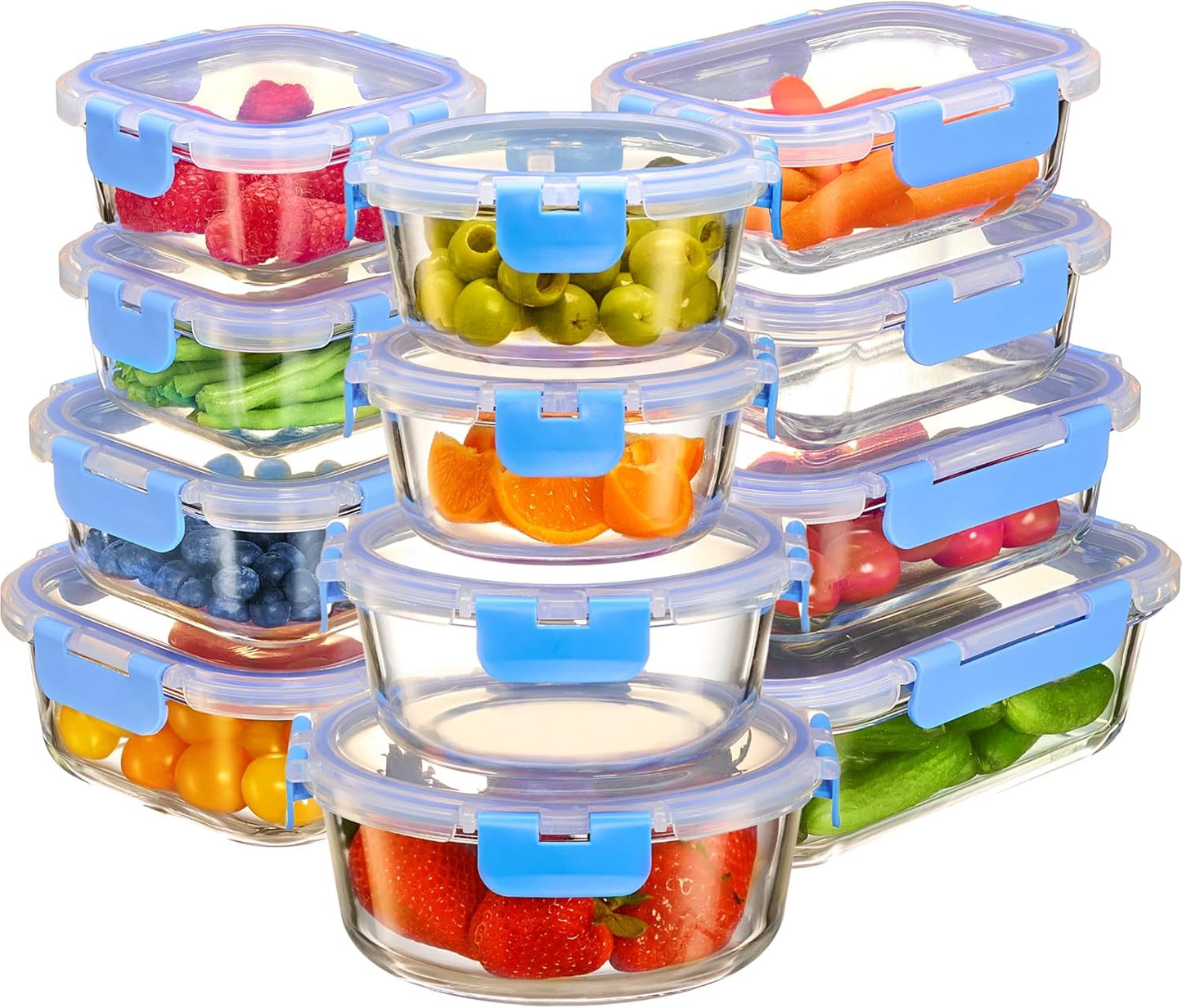 FineDine 24 Piece Premium Borosilicate Glass Meal Prep Containers Glass - Airtight Food Storage Containers with Lids, Hinged Locking Lid, BPA Free, For Meal Prep/Freezer/Oven