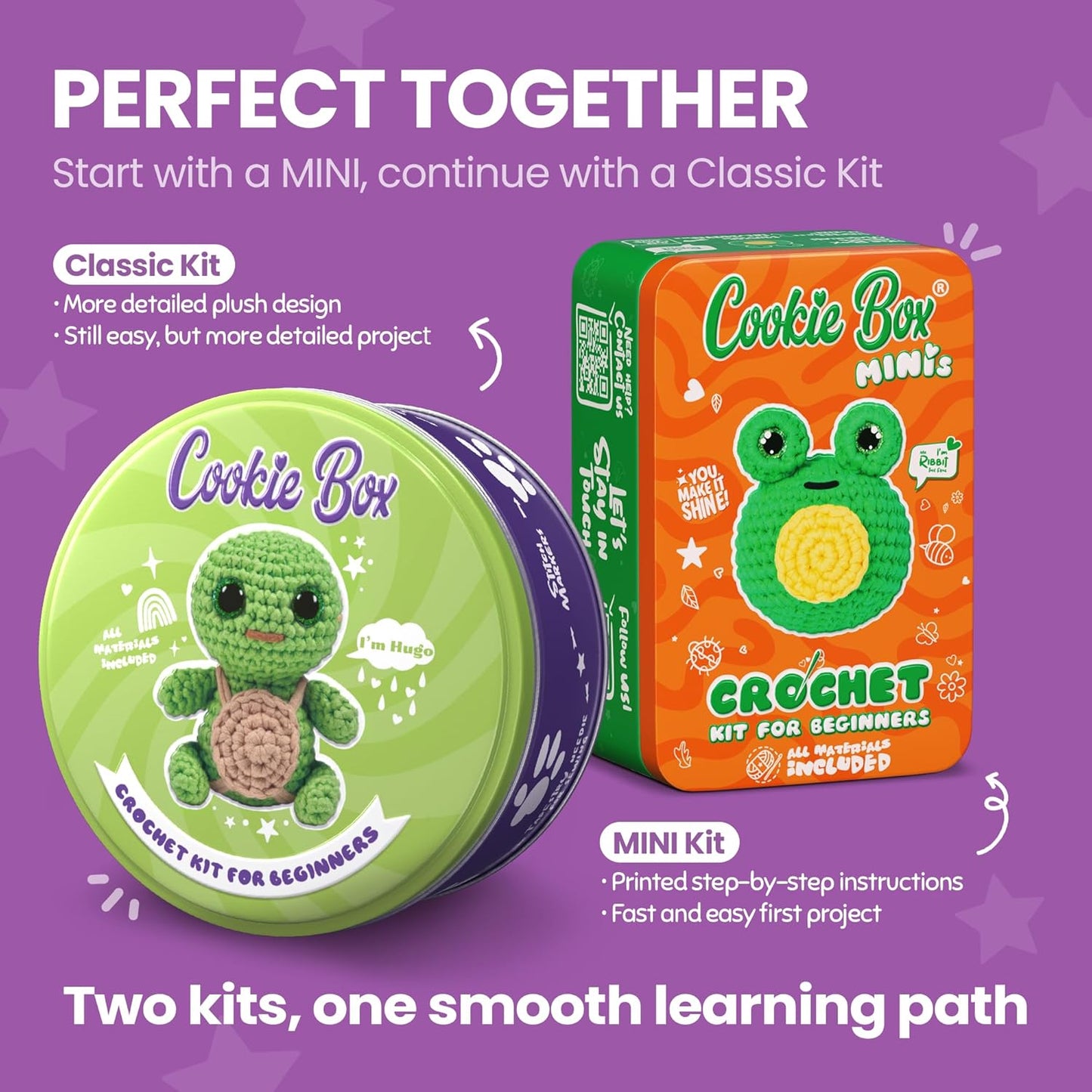 Cookie Box Crochet Kit for Beginners – Gift Set to Make Turtle Hugo Amigurumi Plushie – Easy DIY Crochet & Knitting Starter Kit with Video and PDF Tutorials