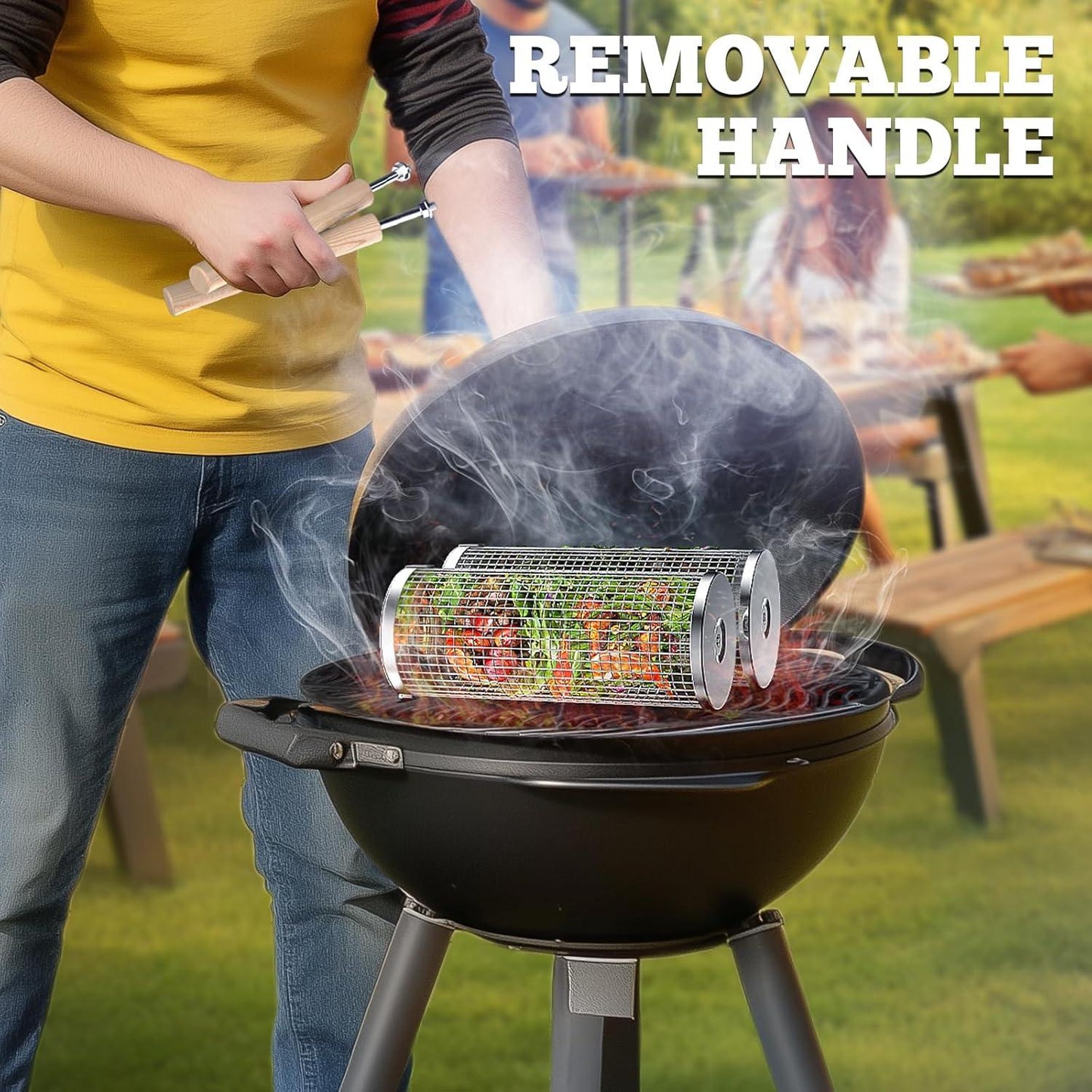Nesting Grill Baskets (2PCS) with Removable Wooden Handle, Stainless Steel BBQ Tools