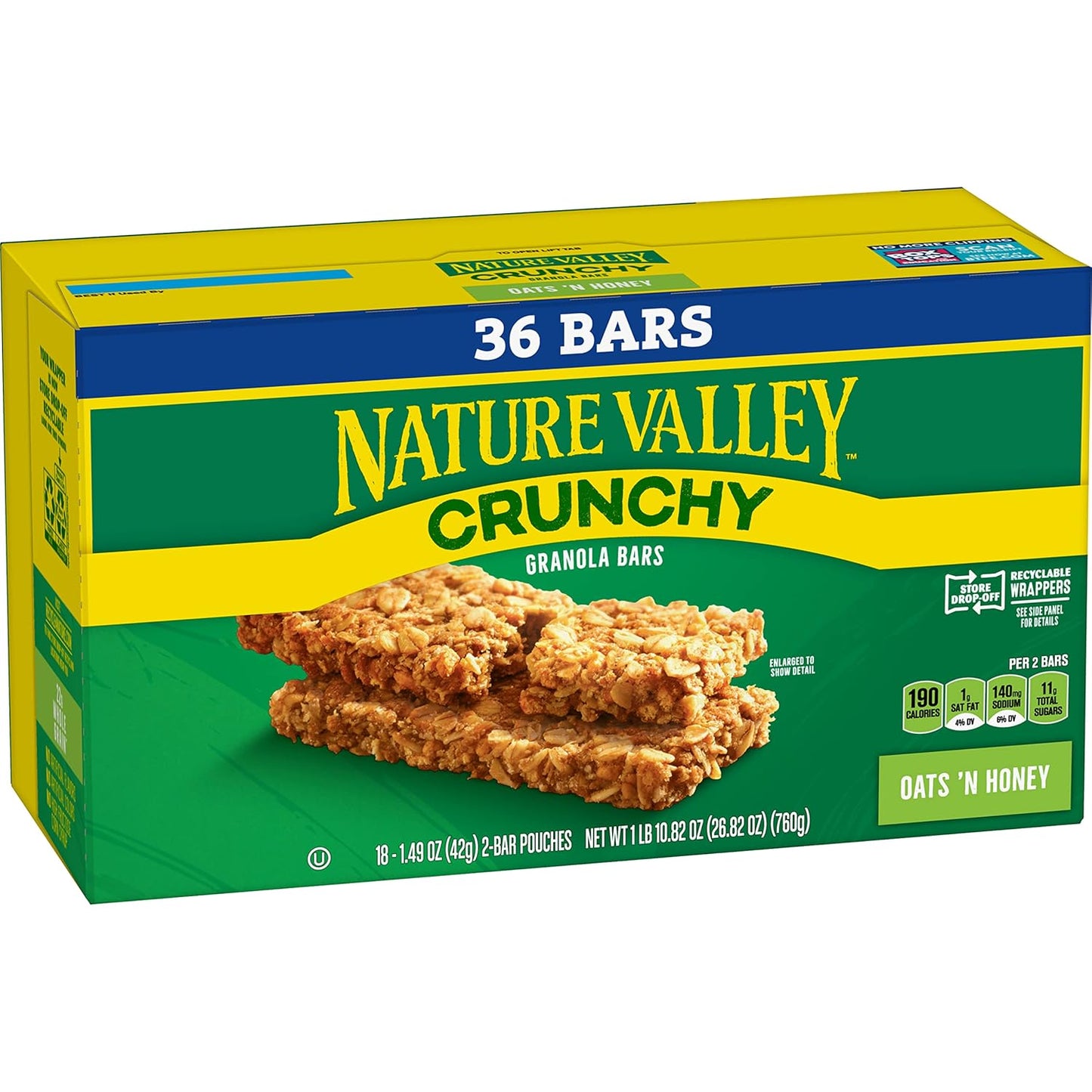 Nature Valley Crunchy Oats 'n Honey Granola Bars, 60 Bars, 44.7 OZ (30 Pouches)