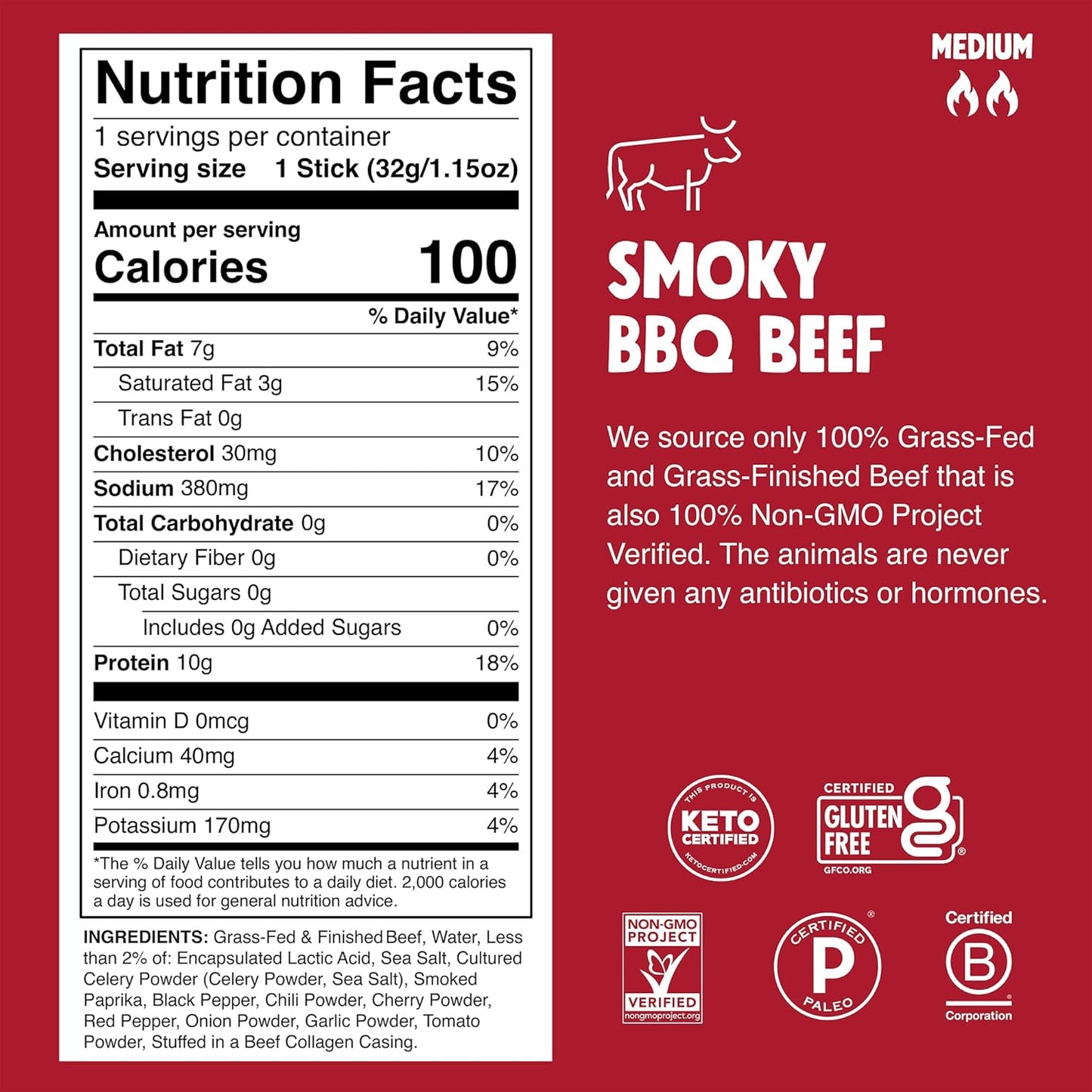 Chomps Grass-Fed and Finished Smoky BBQ Beef Jerky Snack Sticks 10-Pack - Keto, Paleo, Whole30, 10g Lean Meat Protein, Gluten-Free, Zero Sugar Food, Non-GMO