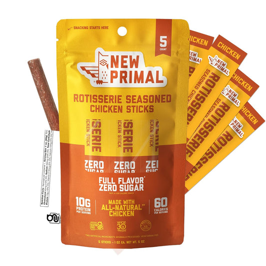 New Primal Rotisserie Chicken Sticks, Zero Sugar High Protein Snack, Gluten Free Whole30 Healthy Snacks, Keto and Paleo Friendly, Jerky Meat Stick, 10g Protein, 5 Count