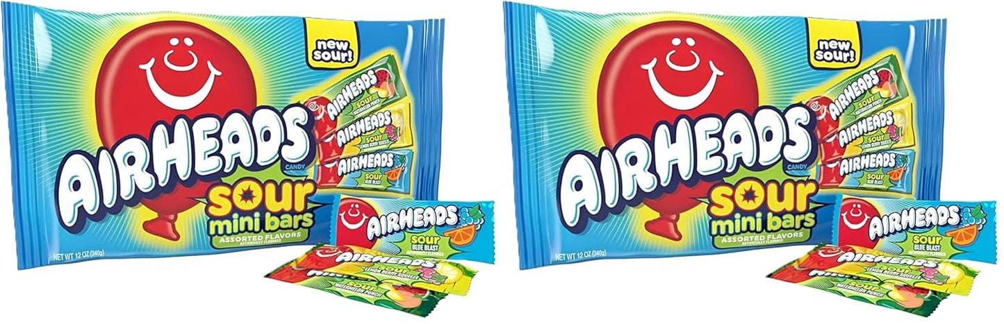 Airheads Mini SOURS Candy Bars, Sour Watermelon Punch, Blue Blast, and Lemon Berry Squeeze 12oz Variety Bag