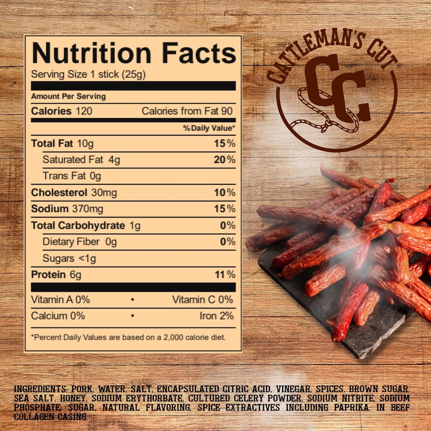 Cattleman's Cut Double Smoked Sausages Meat Sticks, Premium Protein Snacks, Keto Friendly, Gluten Free, Carnivore Travel Snack, Resealable Bag, 12 Ounce