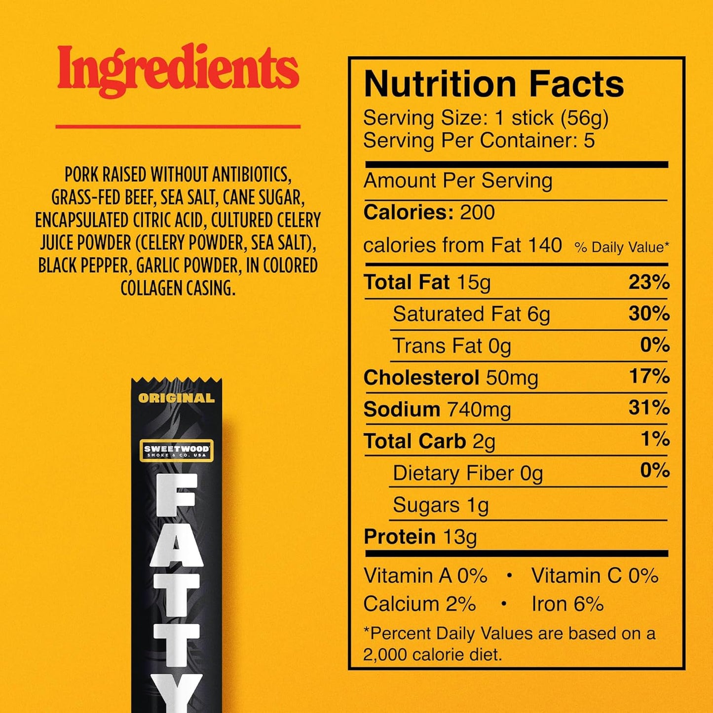 FATTY Meat Sticks, Made with Grass Fed Beef, Pork Raised Without Antibiotics, 13g Protein Per Stick, Original, 2 oz. (Pack of 5)