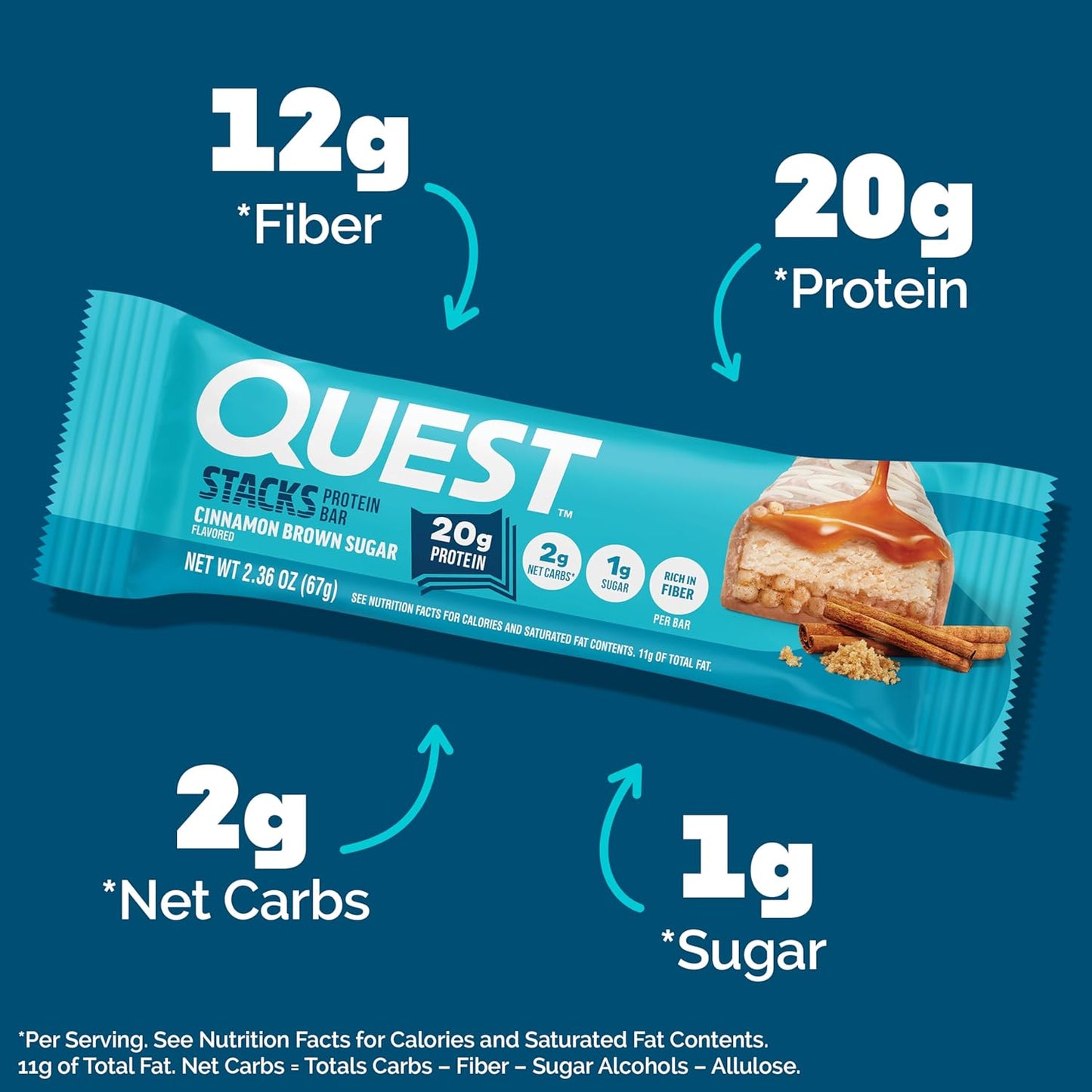 Quest Nutrition Stacks Protein Bars, Cinnamon Brown Sugar, 20g Protein, 2g Net Carbs, 1g Sugar, High Fiber, Low Sugar, Gluten Free, 4 Count