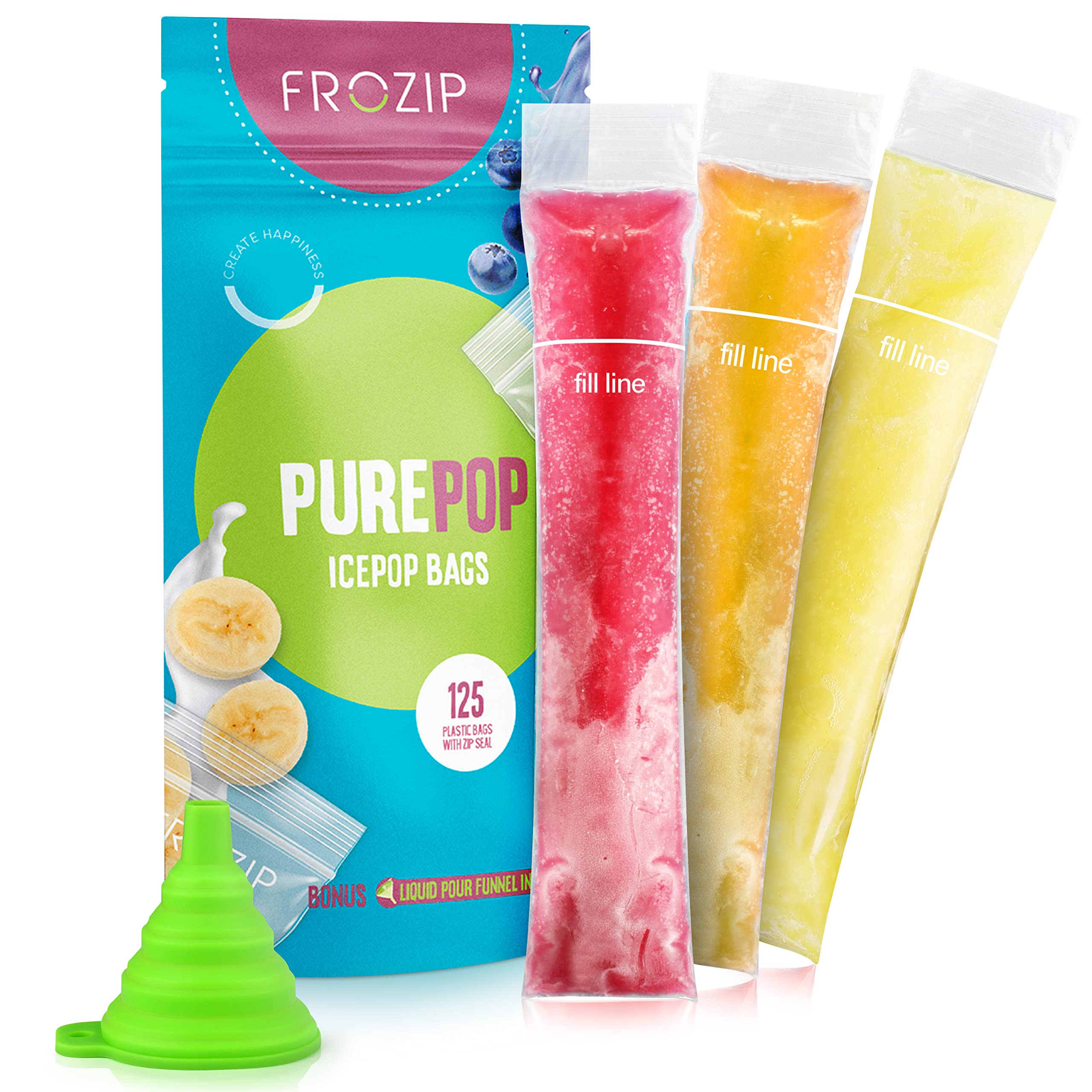 125 Disposable Ice Popsicle Mold Bags| BPA Free Freezer Tubes With Zip Seals | For Healthy Snacks, Yogurt Sticks, Juice & Fruit Smoothies, Ice Candy Pops| Comes With A Funnel (8x2")