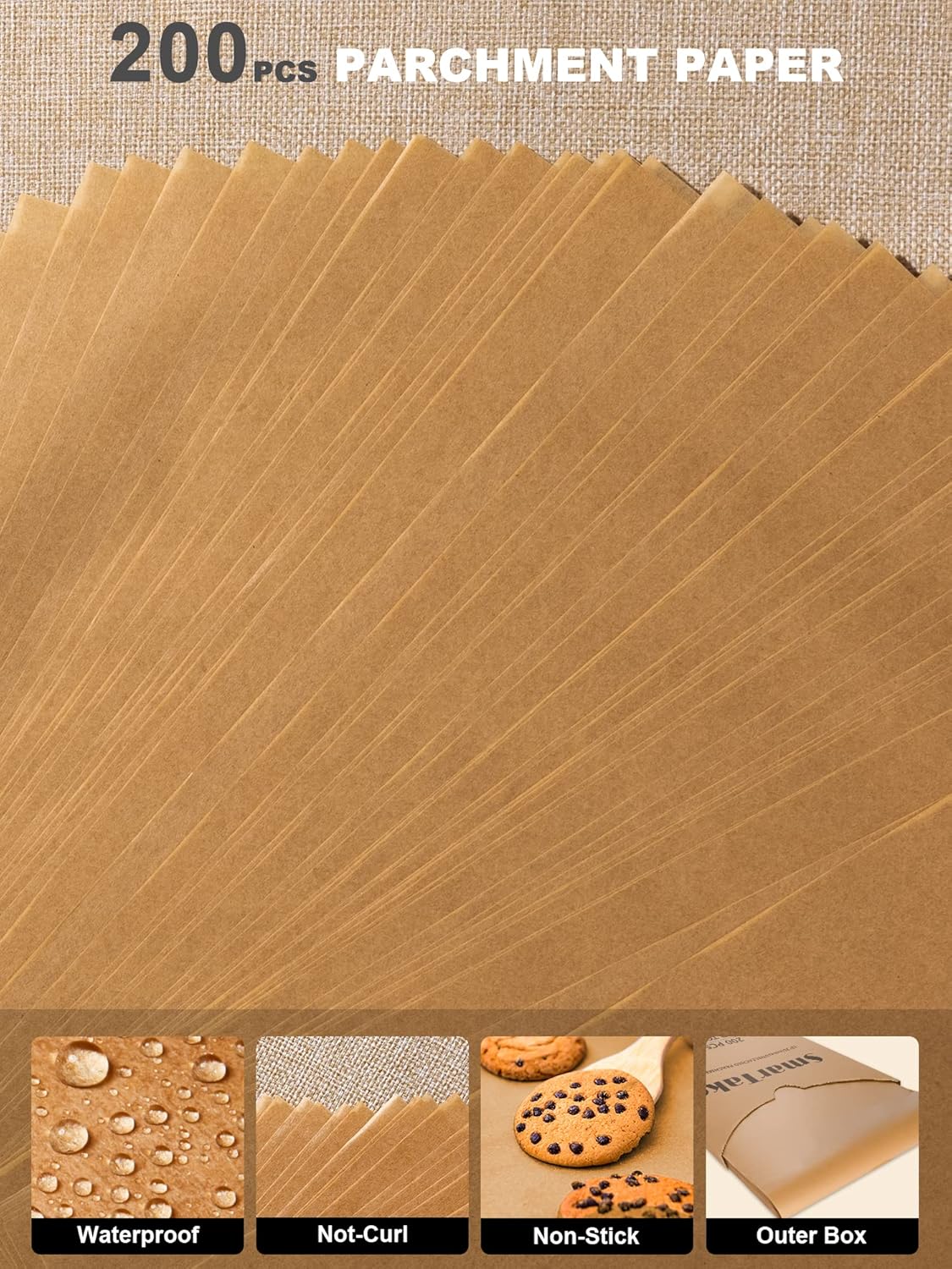 SMARTAKE 200 Pcs Parchment Paper Baking Sheets, 12x16 Inches Non-Stick Precut Baking Parchment, for Baking Grilling Steaming Bread Cup Cake Cookie and More (Unbleached)