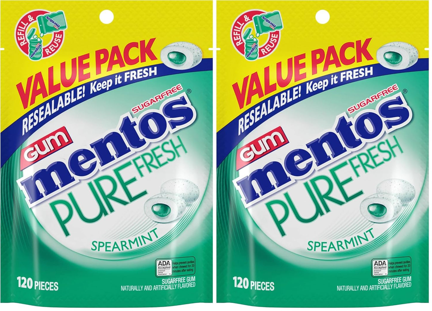 Mentos Pure White Sugar-Free Chewing Gum With Xylitol, Sweet Mint, 120 Piece Bulk Resealable Bag (Pack of 1)