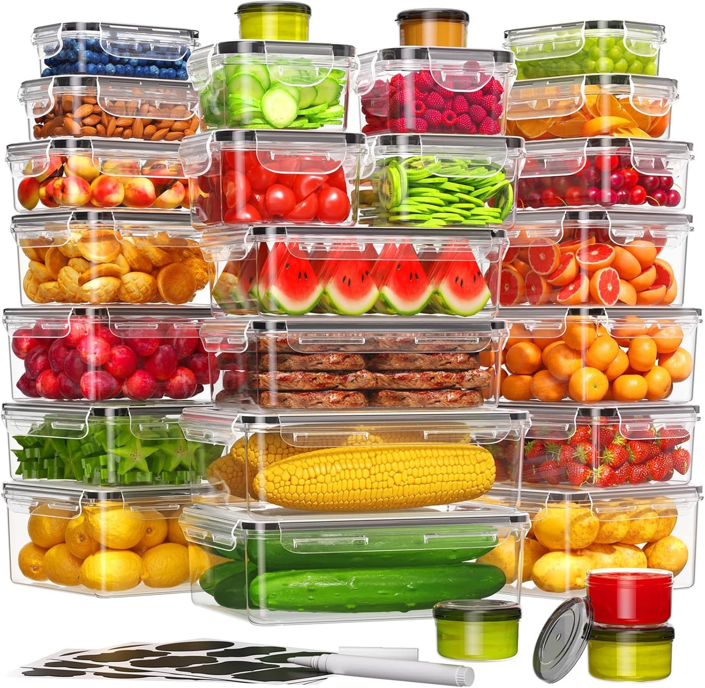 36-Piece Food Storage Containers with Lids(18 Container & 18 Lid), Plastic Food Containers for Pantry & Kitchen Storage and Organization, BPA-Free, Leak Proof, Reusable with Labels & Pen