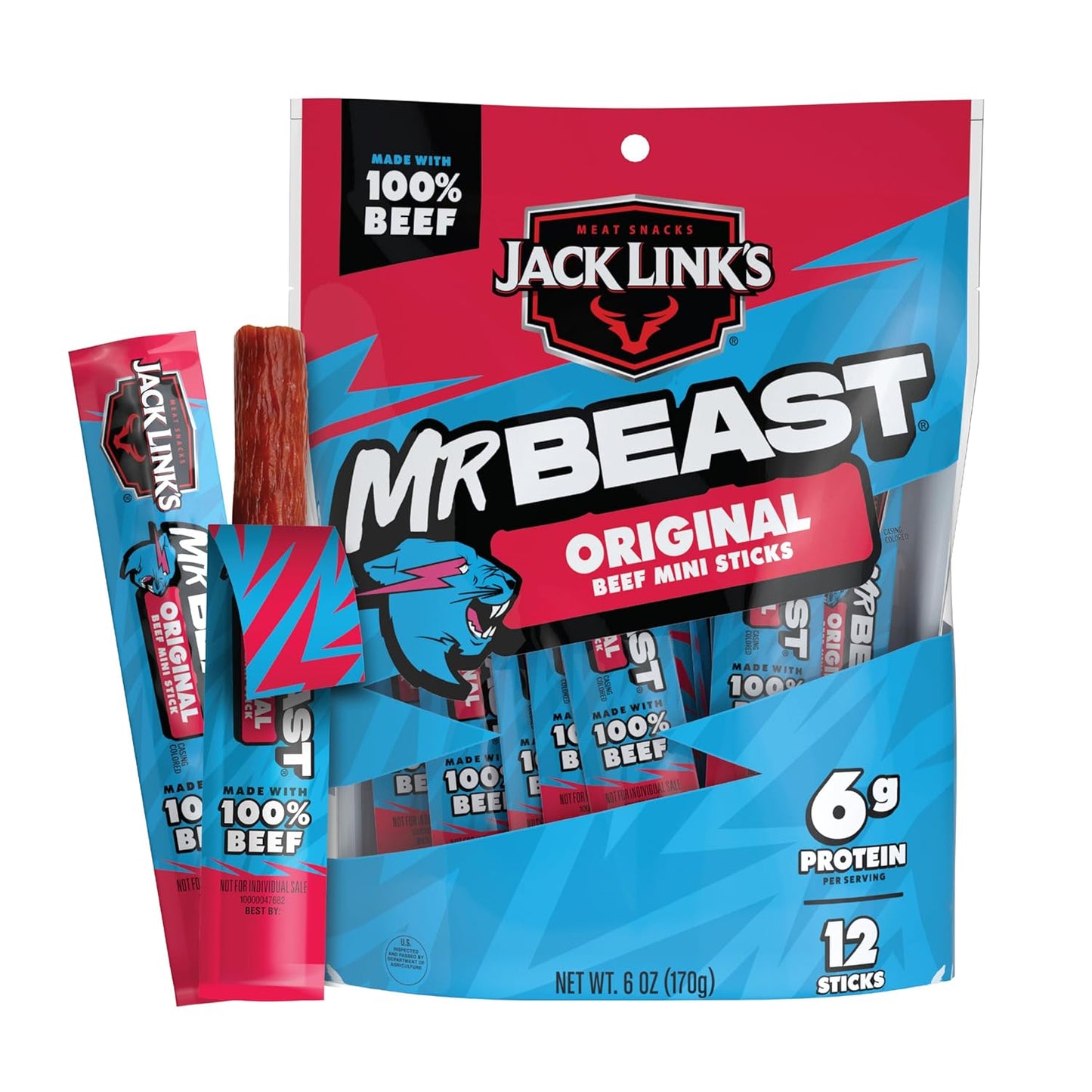 Jack Link's x MrBeast Original Mini Beef Jerky Sticks - Individually Wrapped Protein Snacks - 6g Protein per Serving - Made with 100% Real Beef - (12 Pack) 0.5 oz Meat Sticks