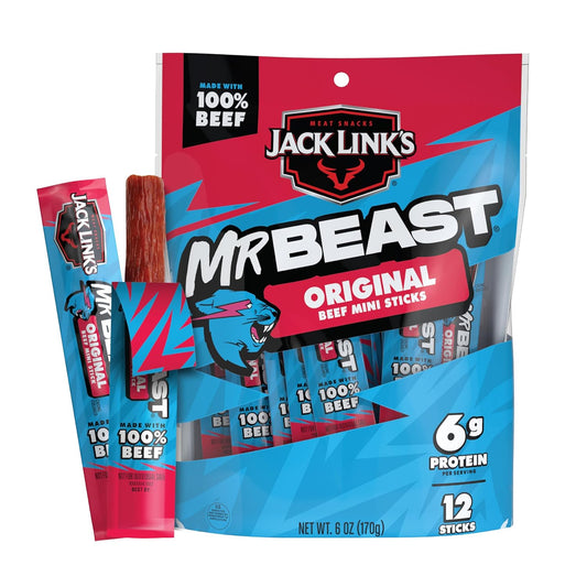 Jack Link's x MrBeast Original Mini Beef Jerky Sticks - Individually Wrapped Protein Snacks - 6g Protein per Serving - Made with 100% Real Beef - (12 Pack) 0.5 oz Meat Sticks