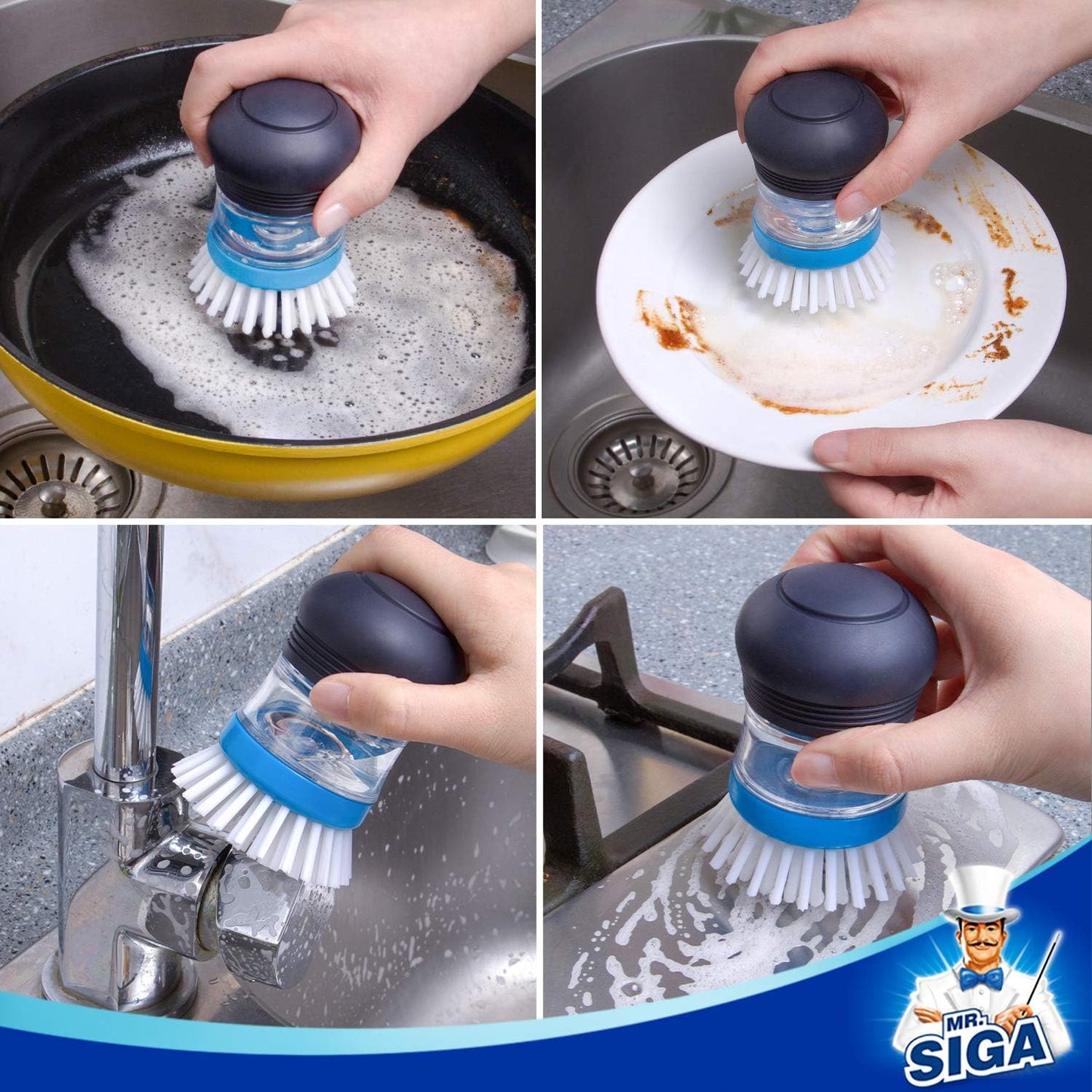 MR.SIGA Soap Dispensing Palm Brush Storage Set, Kitchen Brush with Holder for Pot Pan Sink Cleaning, 1 Set