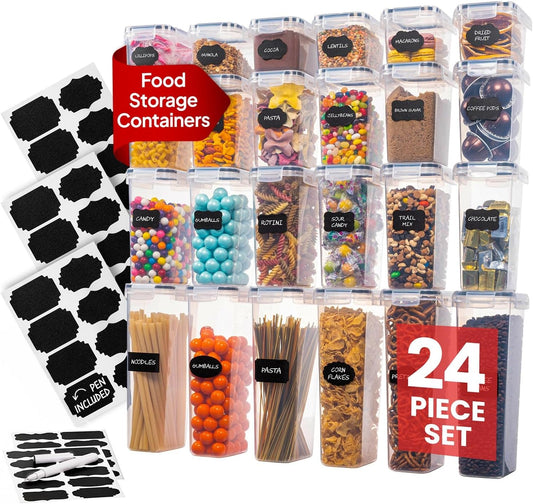 Airtight Food Storage Containers Set - Air Tight Pantry Storage Containers with Lids - Pasta Flour Sugar Cereal Containers - Storage Containers for Food - Kitchen Storage Container (Clear-24 Pack)