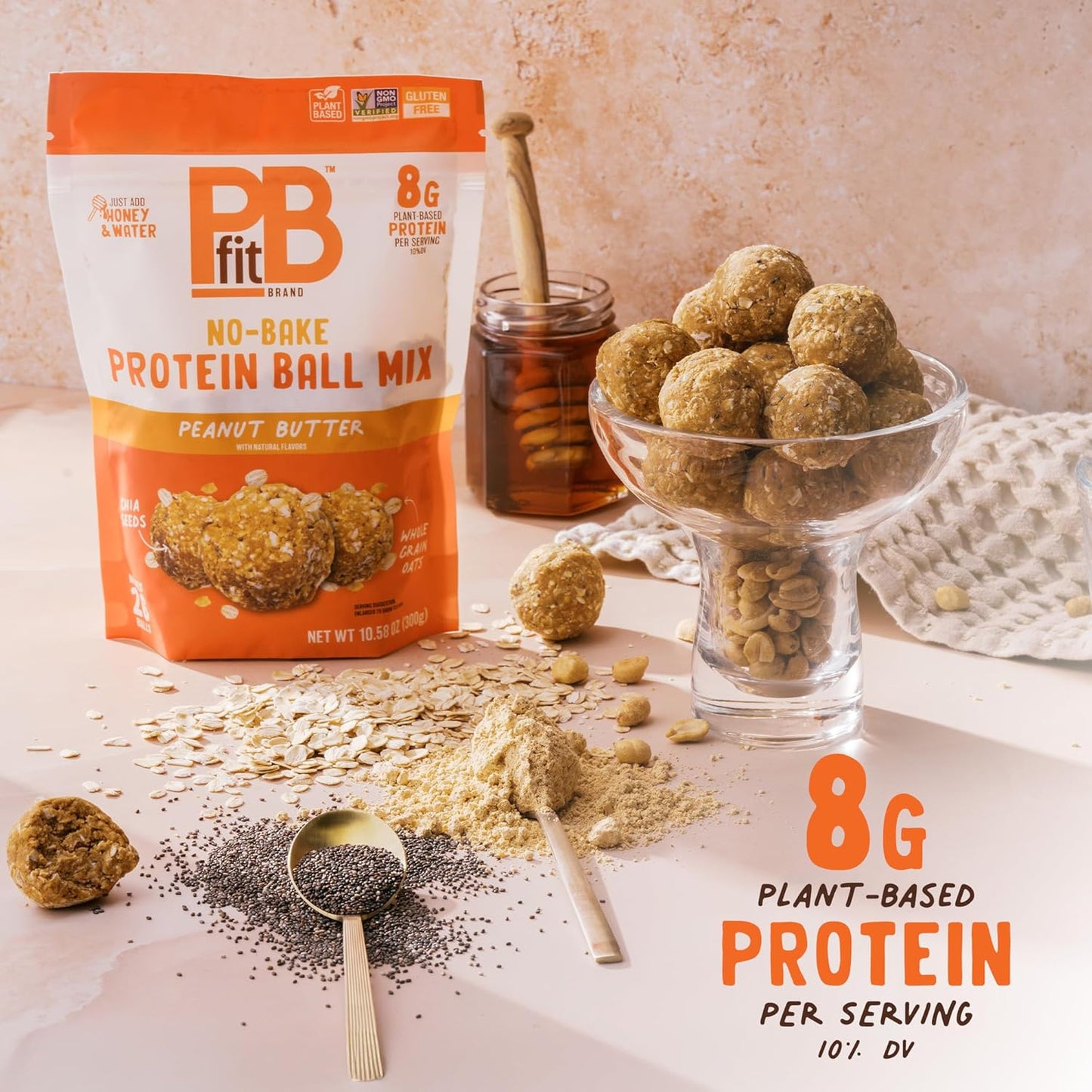 PBfit No Bake Peanut Butter Protein Ball Mix, 8g Protein, Made with Chia Seeds & Whole Grain Oats, Gluten Free, Vegan Snacks, 10.58 Oz Bag