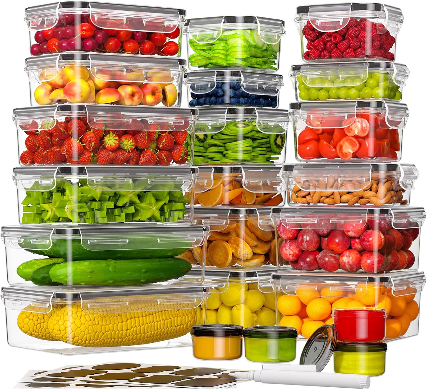 36-Piece Food Storage Containers with Lids(18 Container & 18 Lid), Plastic Food Containers for Pantry & Kitchen Storage and Organization, BPA-Free, Leak Proof, Reusable with Labels & Pen