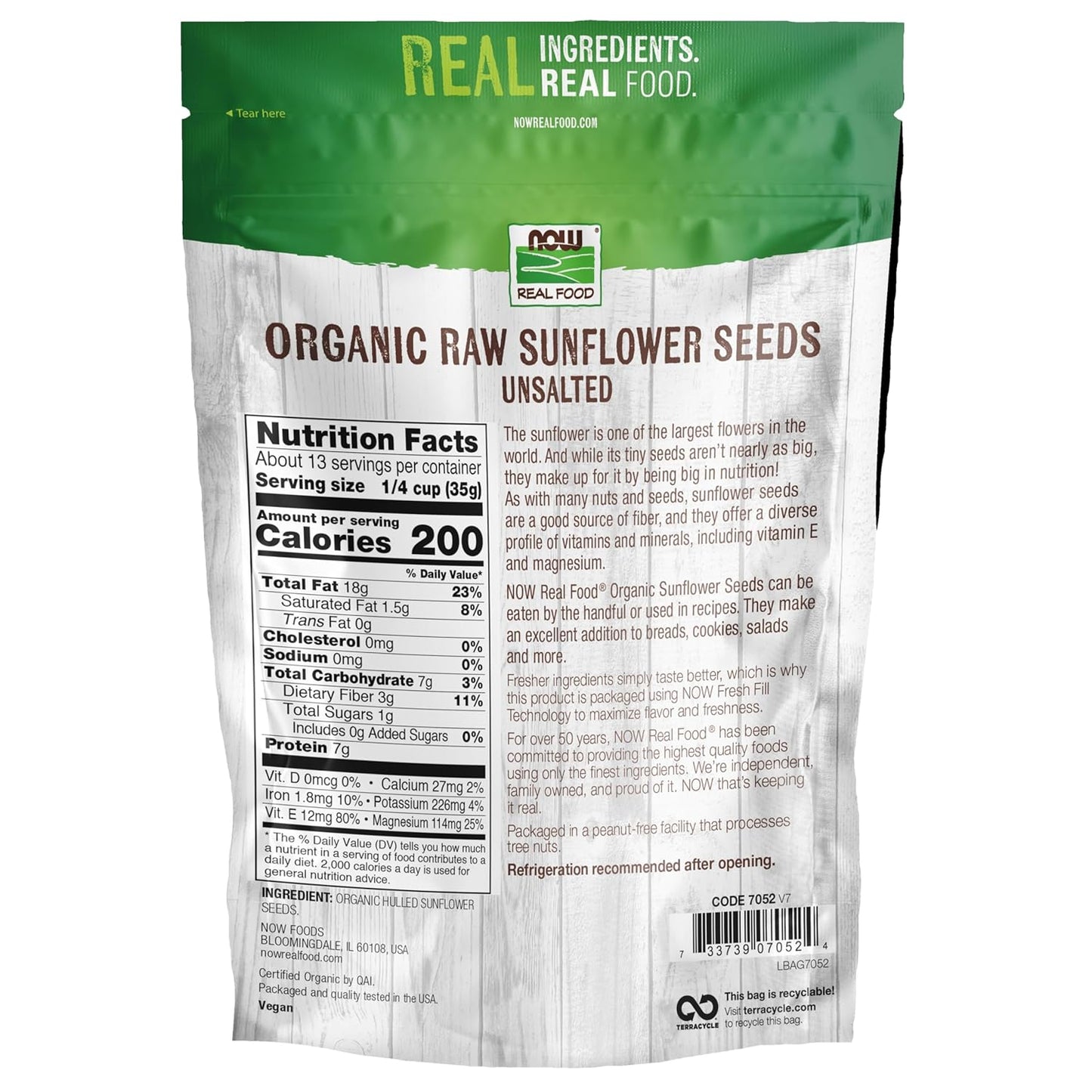 NOW Foods, Certified Organic Sunflower Seeds, Raw and Unsalted, Source of Fiber and Vitamin E, Hulled for Great Taste, Certified Non-GMO, 16-Ounce (Packaging May Vary)