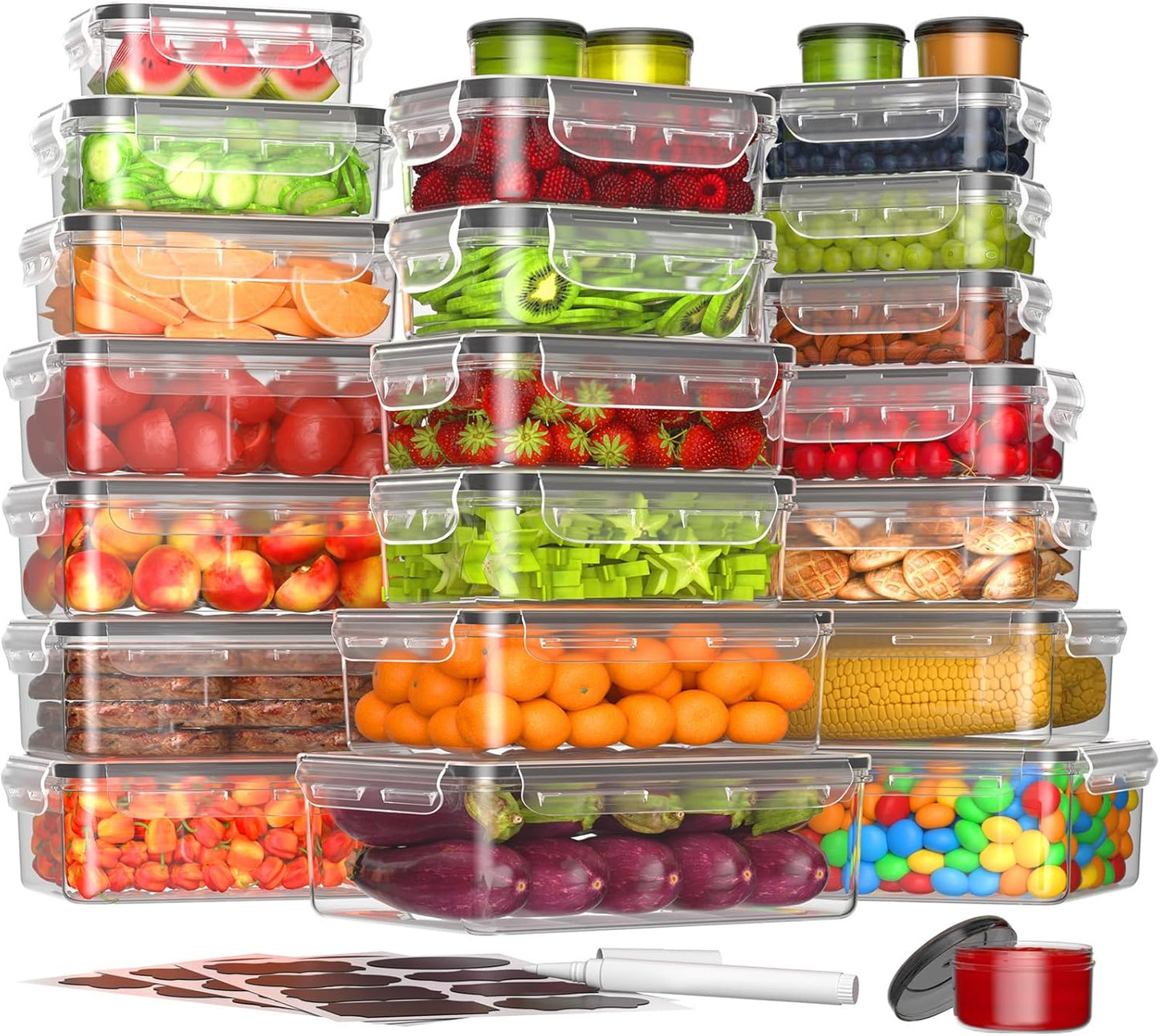 36-Piece Food Storage Containers with Lids(18 Container & 18 Lid), Plastic Food Containers for Pantry & Kitchen Storage and Organization, BPA-Free, Leak Proof, Reusable with Labels & Pen