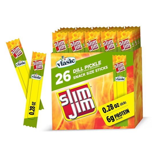 Slim Jim Smoked Meat Sticks, Vlasic Dill Pickle Flavor, 6g Protein Per Serving, Snack Size, 0.28 oz. (26 Count)
