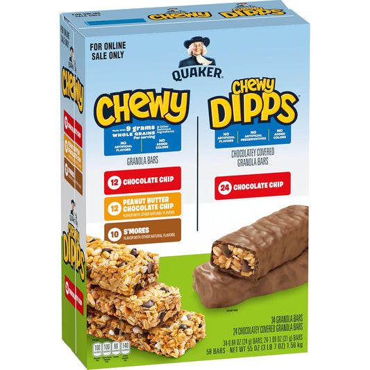 Quaker Chewy Granola Bars, Chewy & Dipps Variety Pack, 58 Bars, Whole Grains, No Artificial Flavors