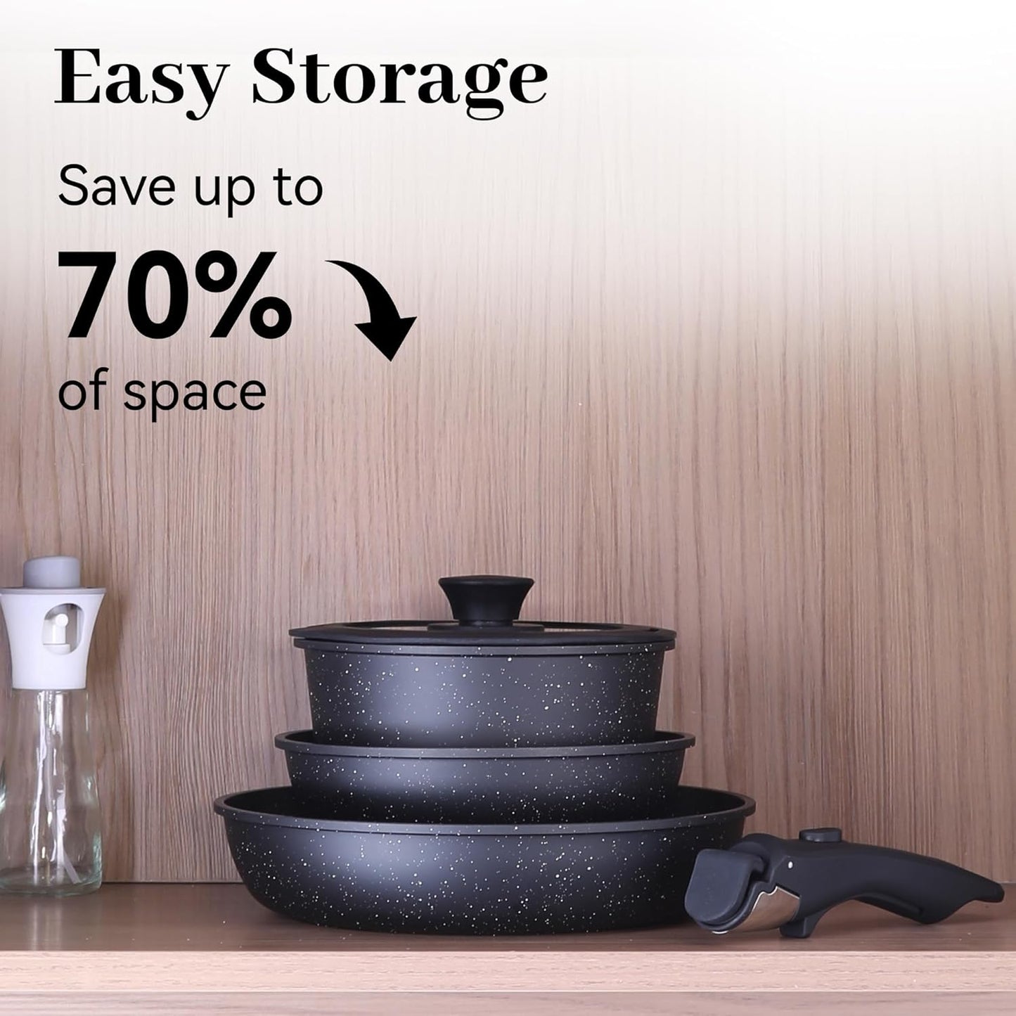 5PCS Pots and Pans Set Non Stick, Kitchen Cookware Sets with Detachable Handle, Ceramic Cookware Sets, Non Stick RV Cookware Cooking Set, Dishwasher ＆ Oven Safe, PFOA Free, Black