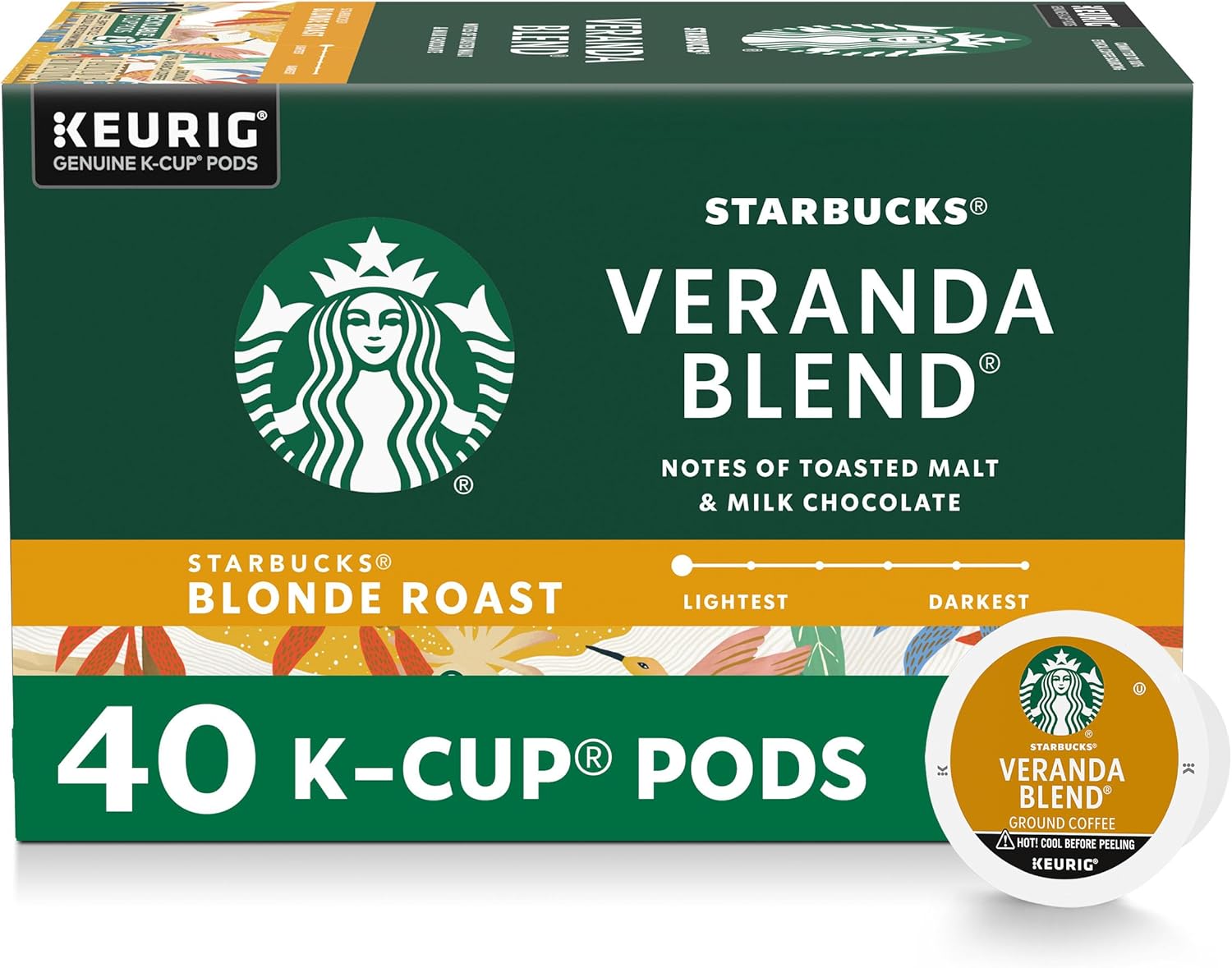 Starbucks K-Cup Coffee Pods, Starbucks Blonde Roast Hot or Iced Coffee, Veranda Blend, 40 Keurig Pods