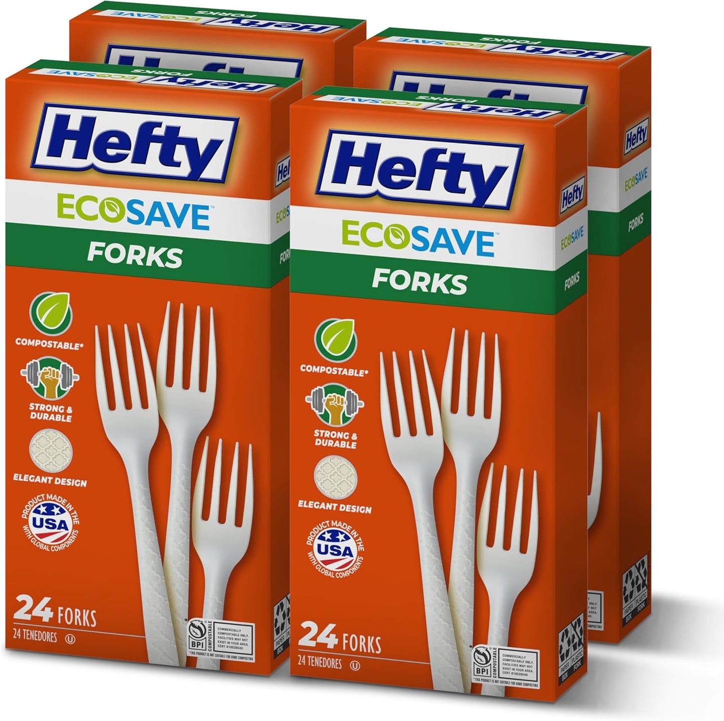 Hefty ECOSAVE Compostable Assorted Cutlery Set, Utensils for BBQs, Tailgates, Camping, Parties, and More, Includes 8 Forks, 8 Spoons, and 8 Knives, Compostable, Sustainable Design, 24 Count