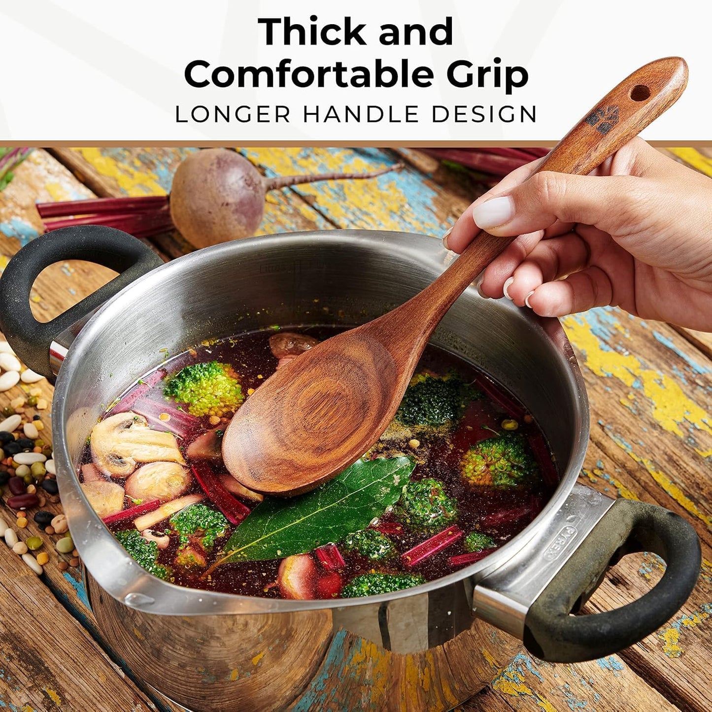 Wooden Spoons for Cooking – 10 Pc Teak Wood Utensil Set, Durable, Nonstick Safe & Heat Resistant with Ergonomic Handles - Unique Kitchen Gifts for Women Men, Cooking Gifts for Men Women