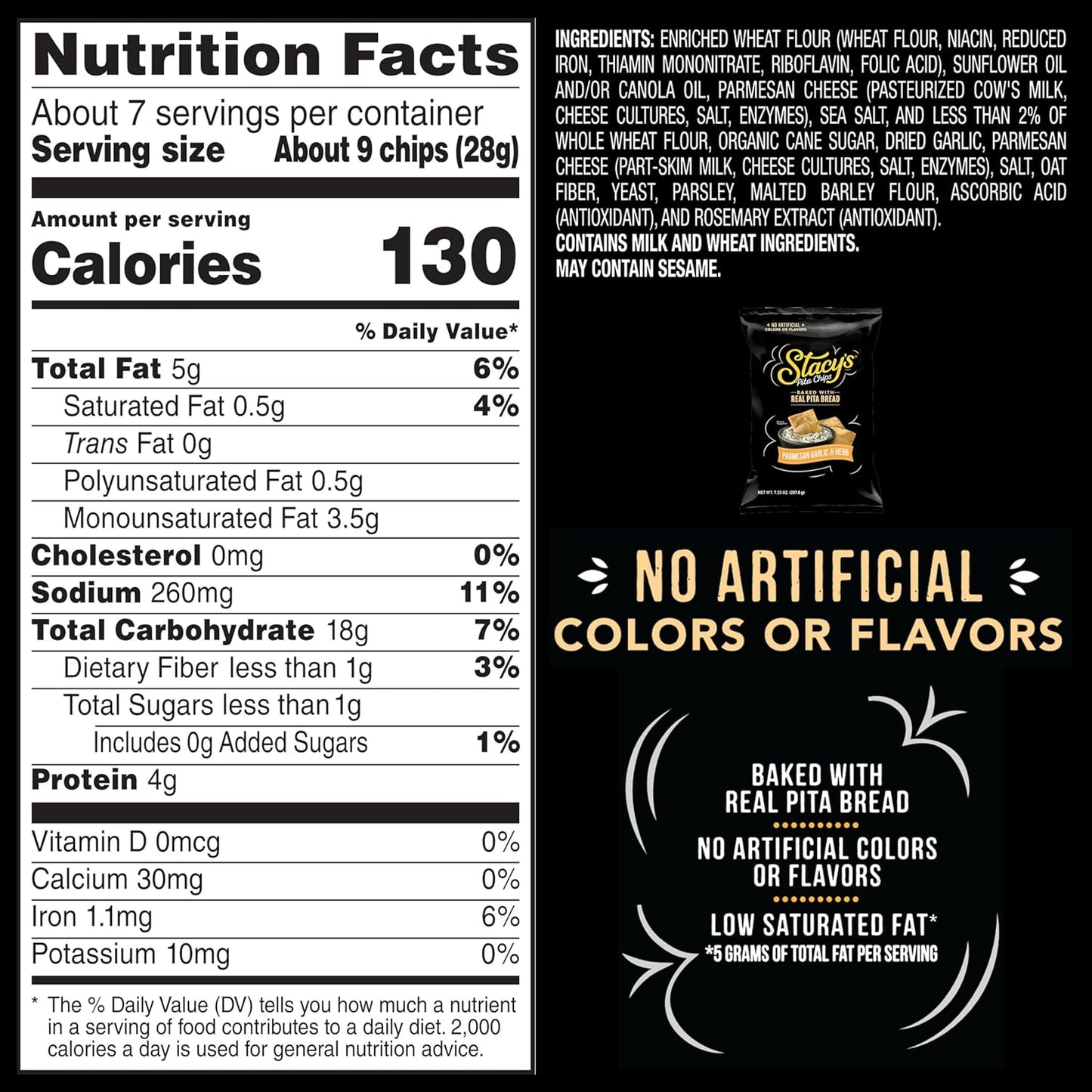 Stacy’s Pita Chips, Parmesan Garlic & Herb, No Artificial Colors or Flavors, 7.33 oz Bag